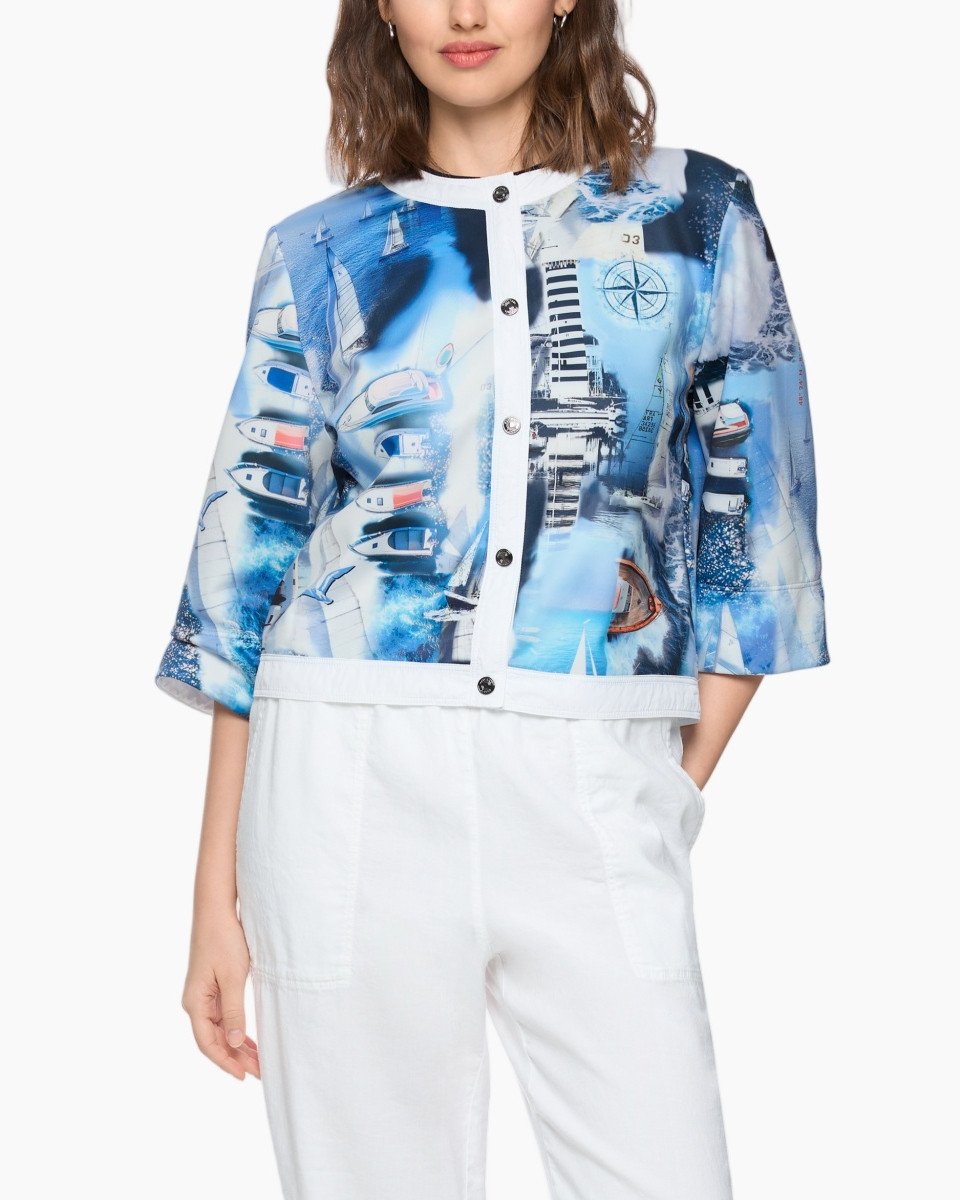 short-sleeve, cardigan, blue-print, collarless, buttoned