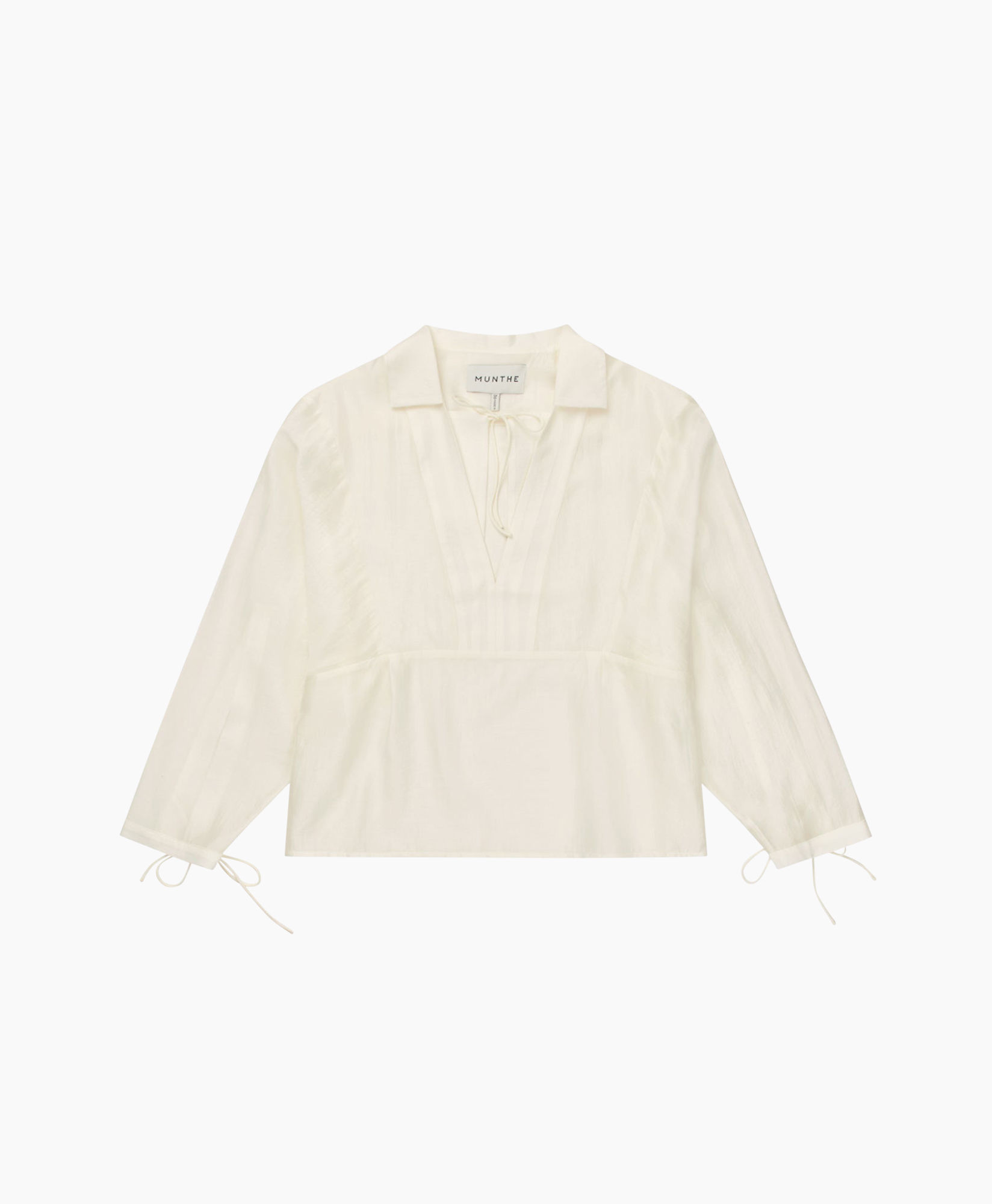 blouse, cream, long-sleeve, tie-neck, drawstrings