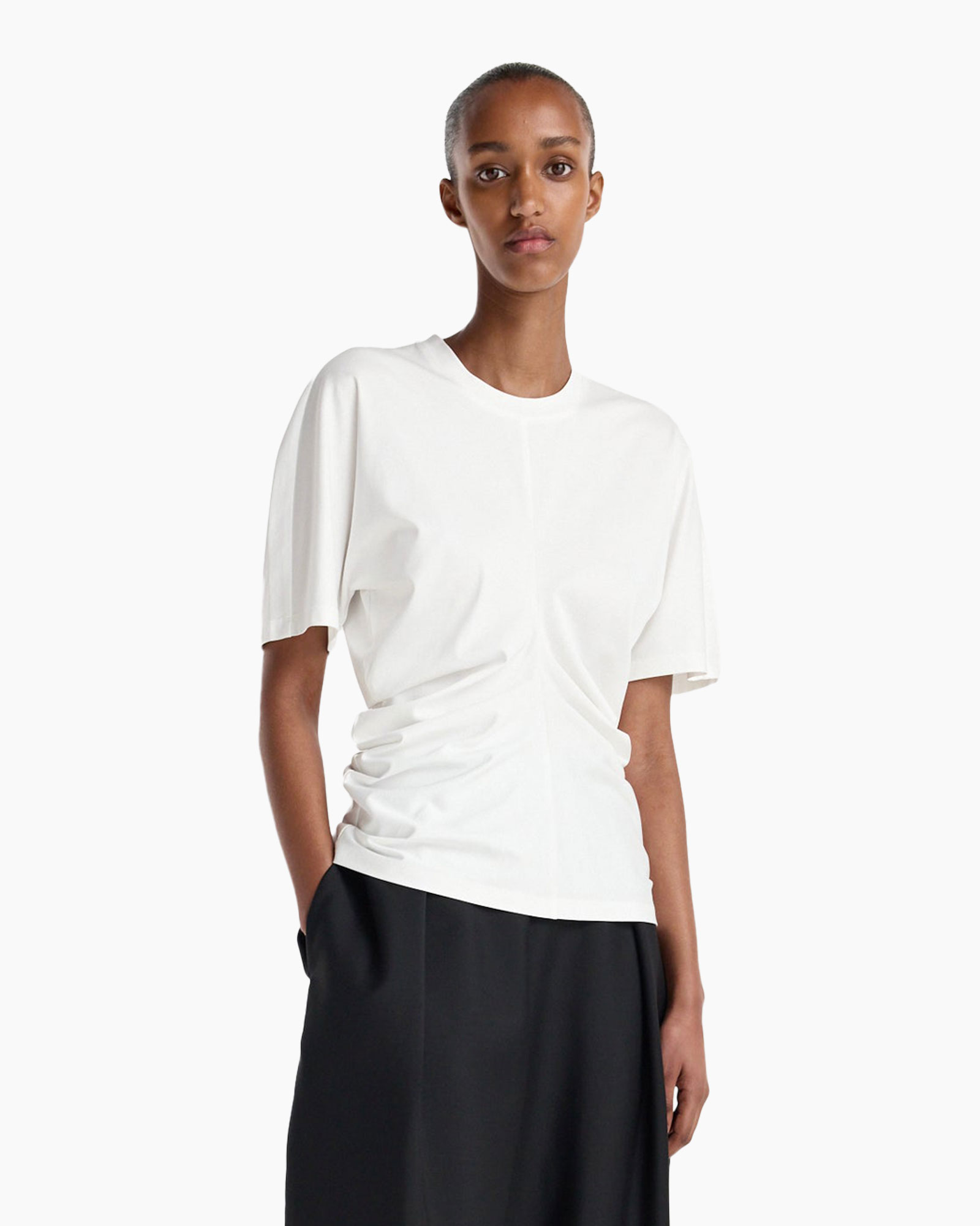 t-shirt, white, short sleeves, ruched side, knit? fabric