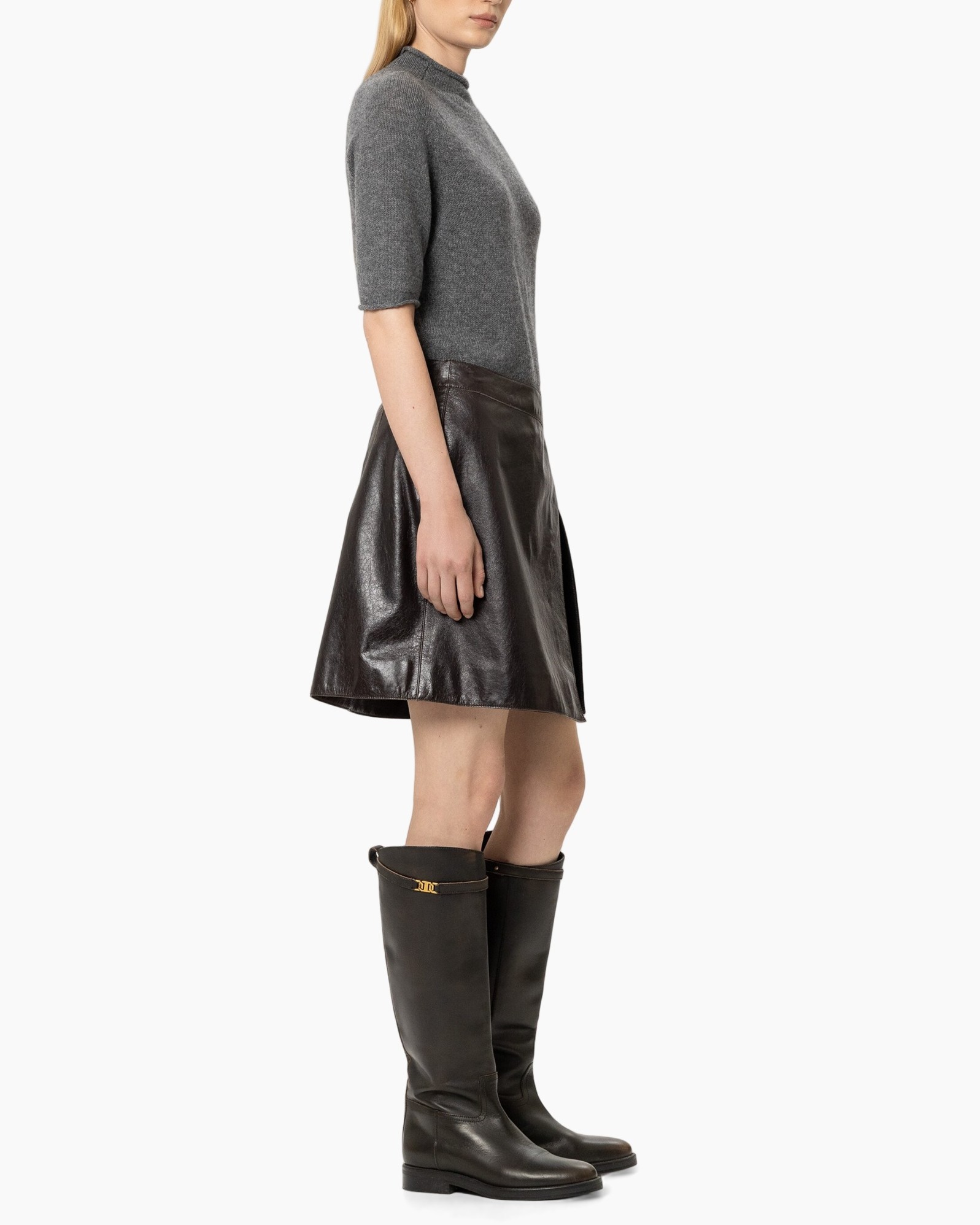turtleneck, gray sweater, knee-high boots, leather skirt, women's outfit