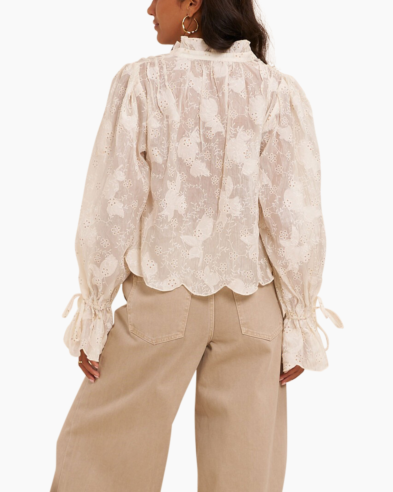 lace blouse, eyelet, floral pattern, long sleeves, ruffled cuffs