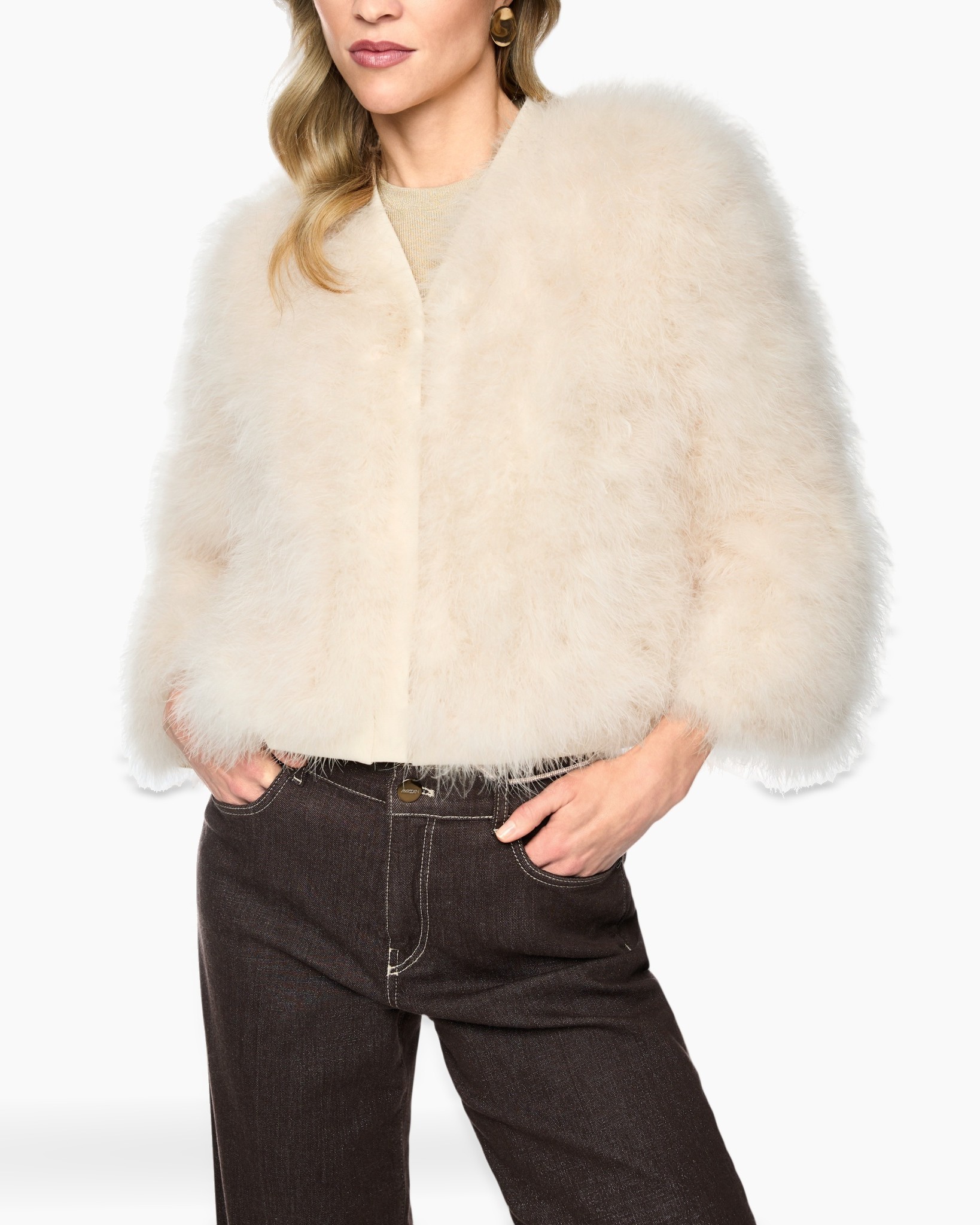 fur coat, cream color, oversized, long sleeve, short length