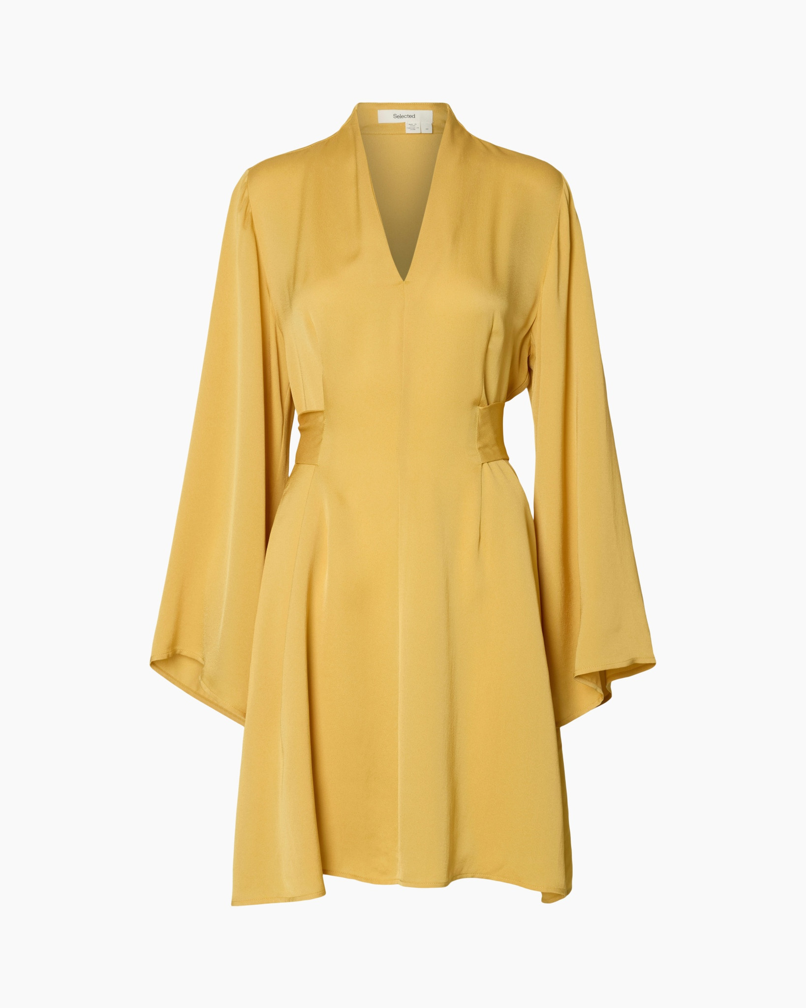 dress, yellow, kimono sleeves, v-neck, waist belt