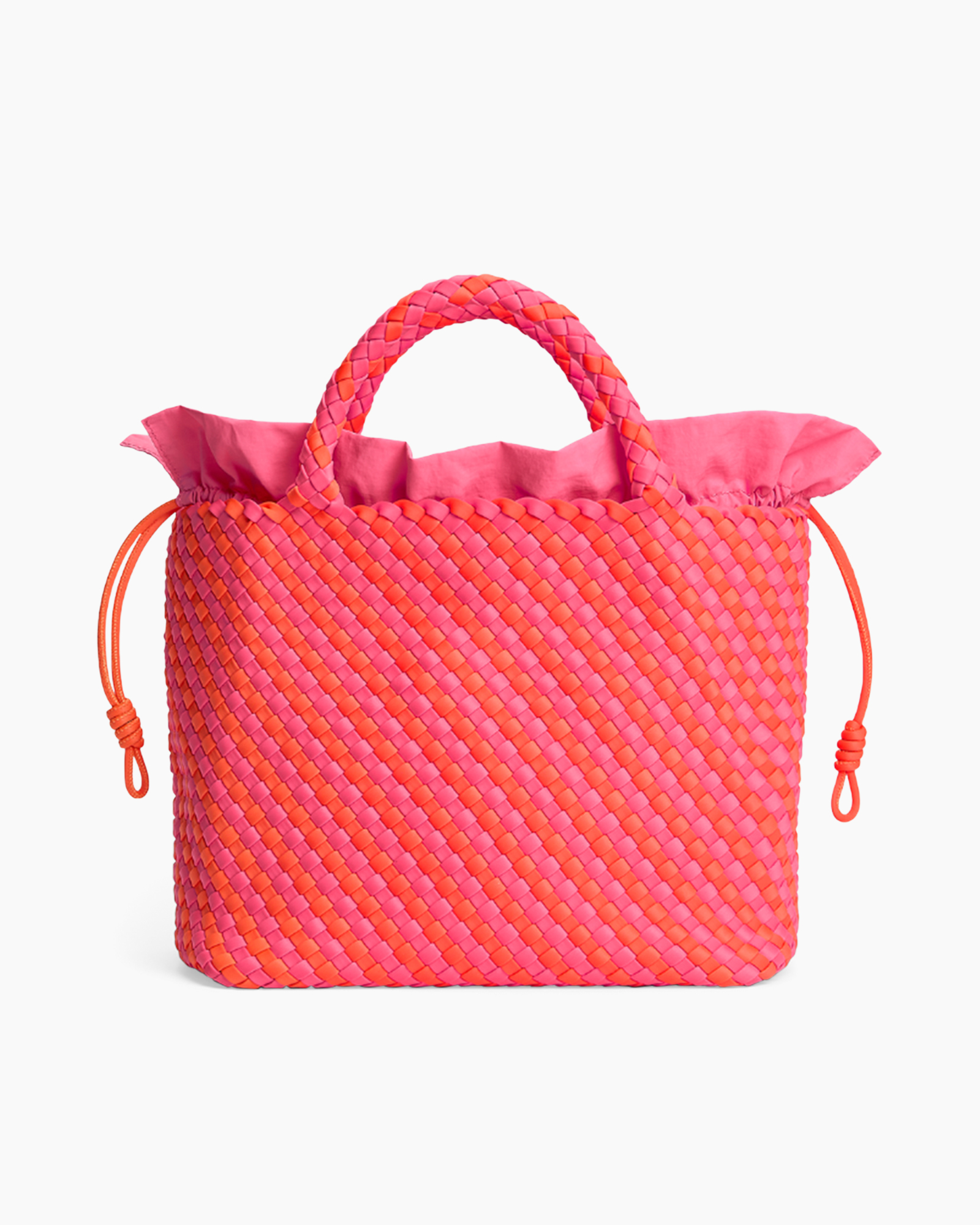 woven bag, pink bag, rope handle, drawstring, beach bag