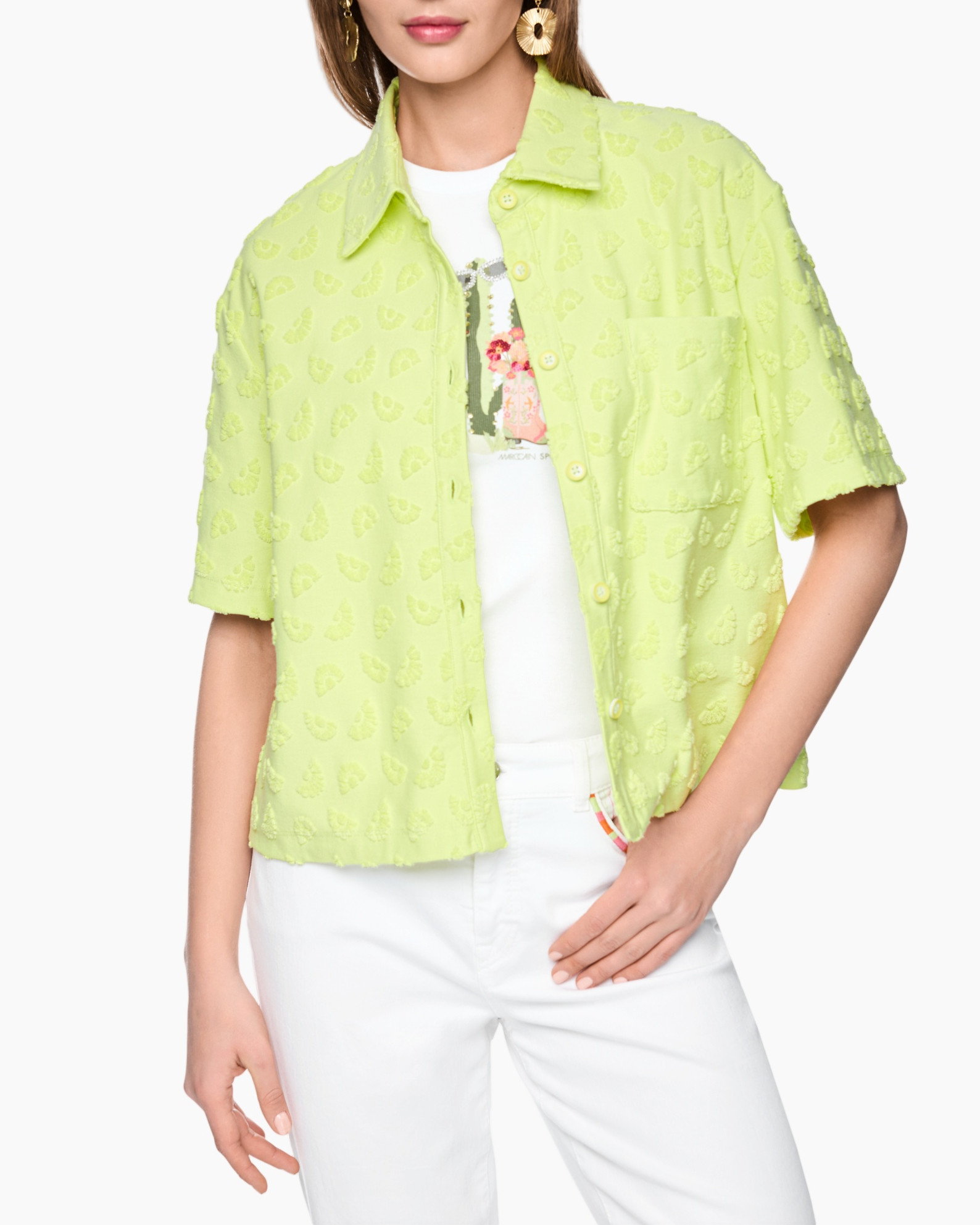 lime green shirt, short-sleeve shirt, embossed texture, button front, pocket tee-shirt overlay