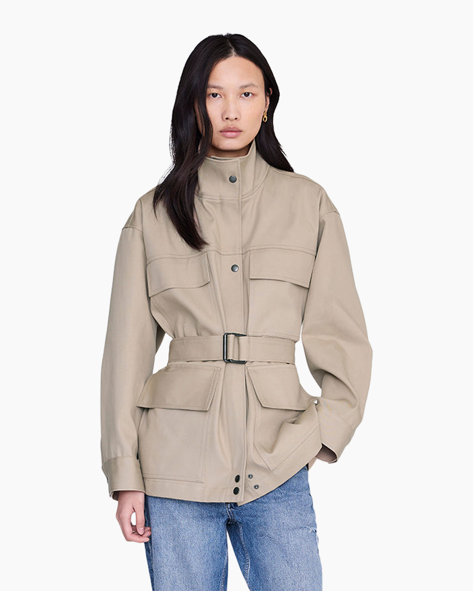 jacket, beige, belt, pocket, long-sleeve