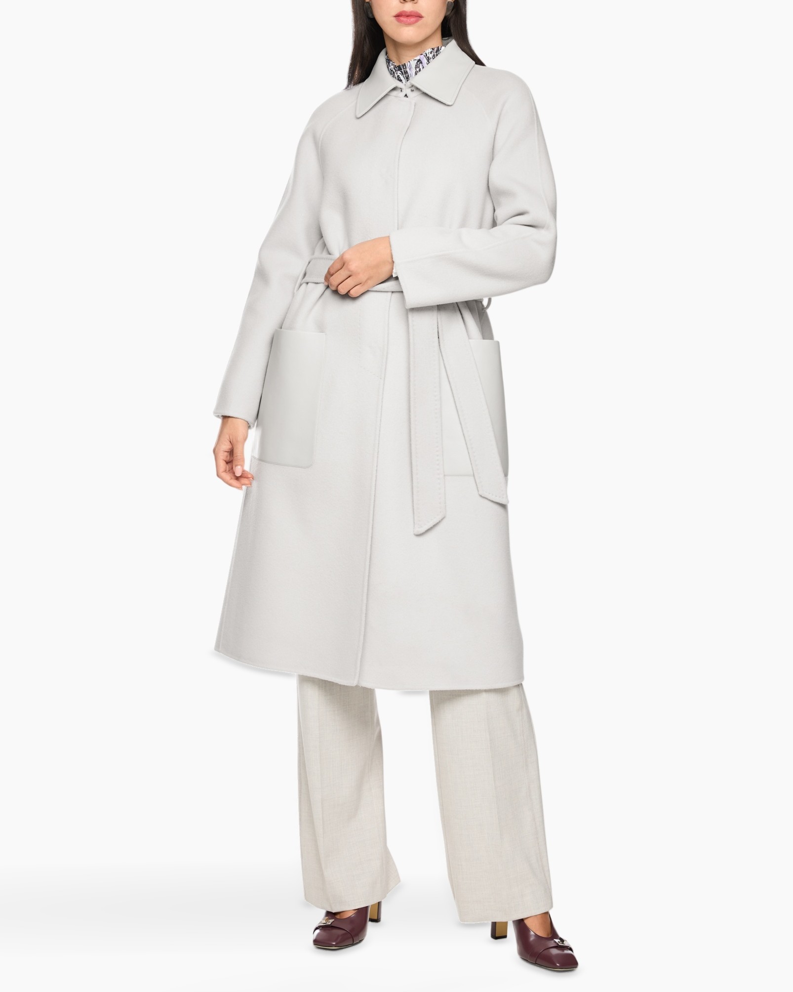 coat, long coat, belted, front pockets, neutral color