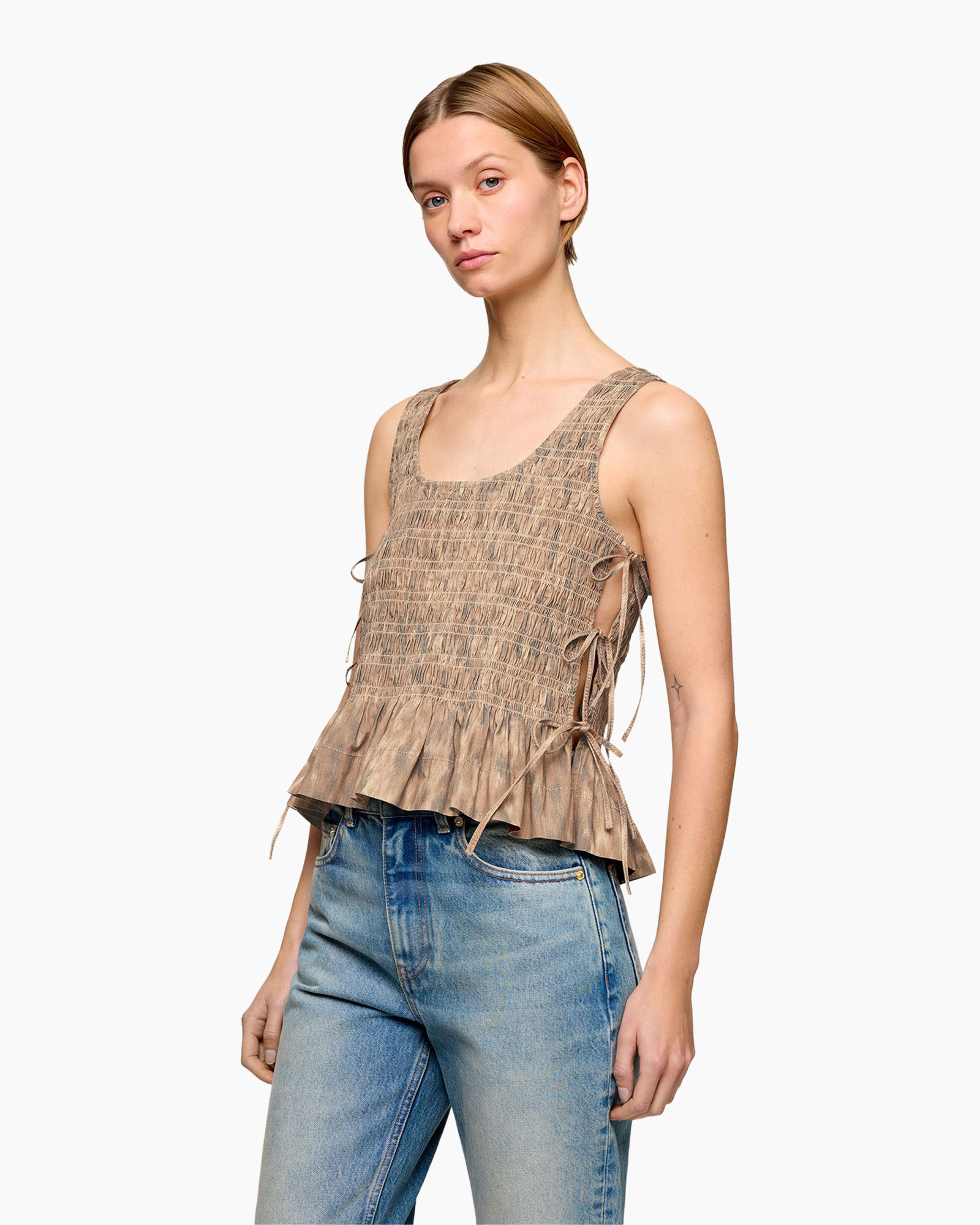 tank-top, sleeveless, smocked, ruffled, tie-side
