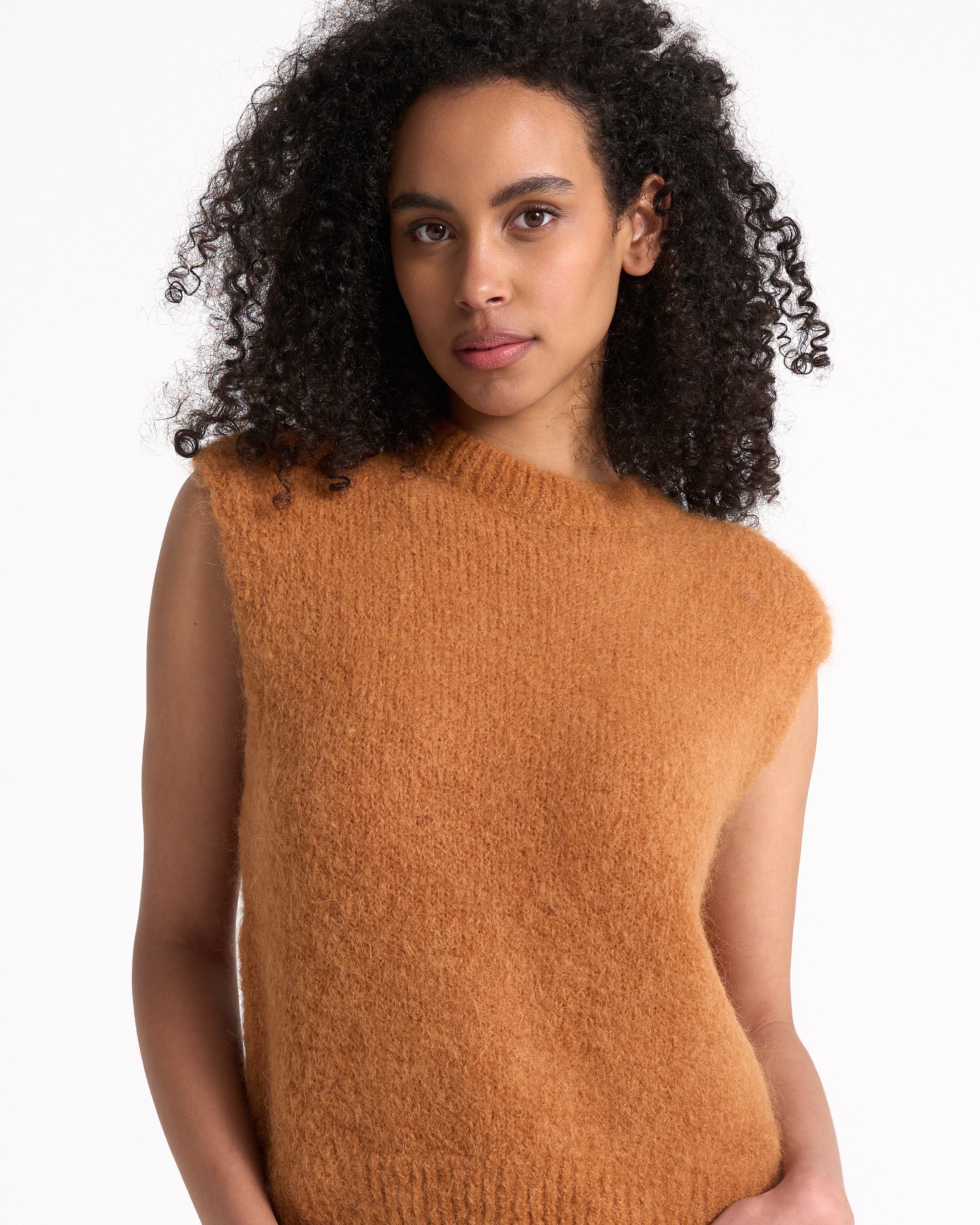 sleeveless sweater, orange top, fuzzy knit, knit tank, women's top