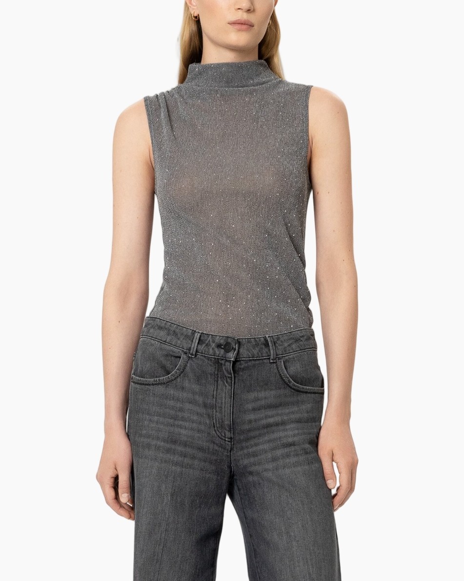 turtleneck, sparkly top, grey sleeveless, knit top, women's top