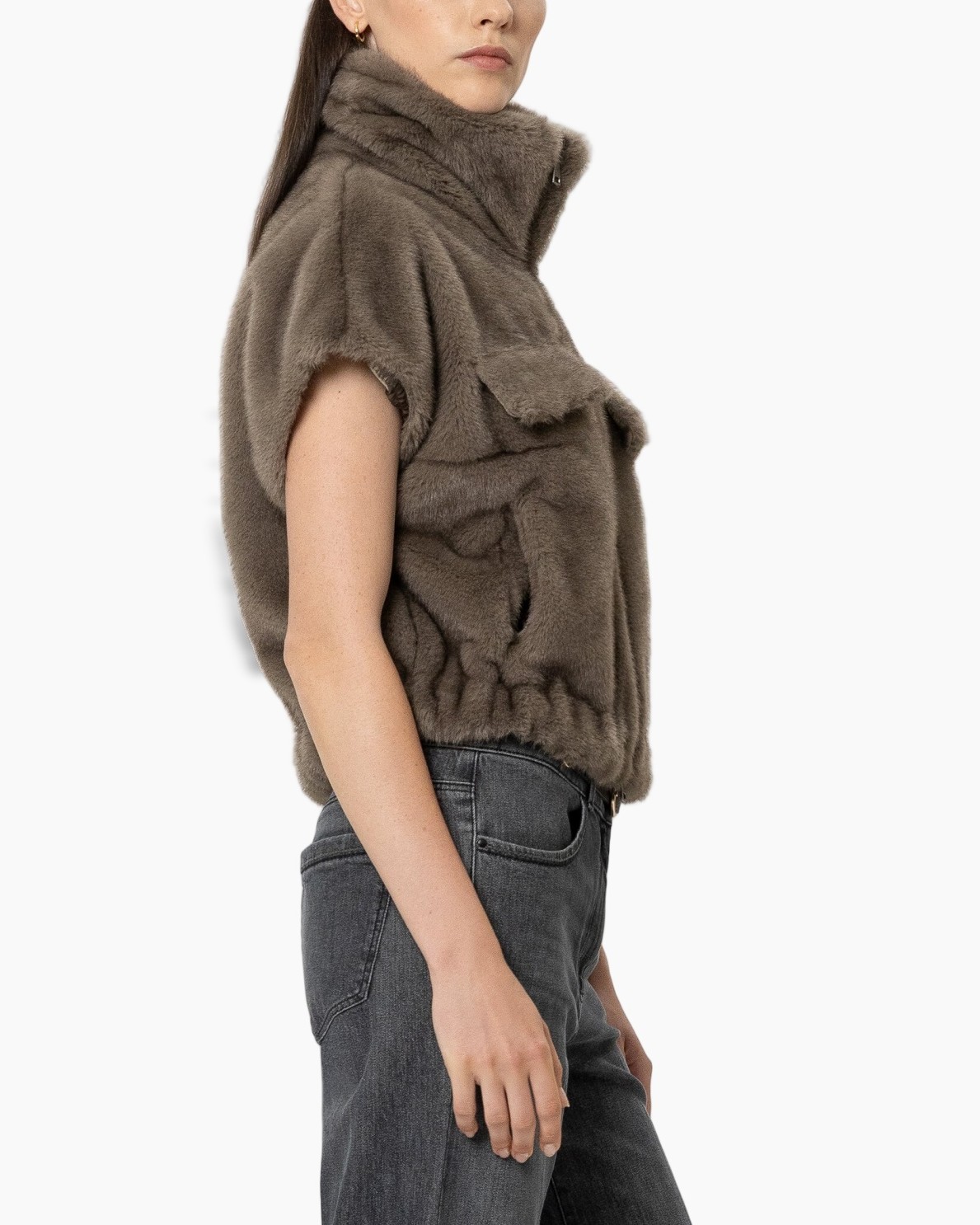 faux fur, vest, tan, short sleeves, padded