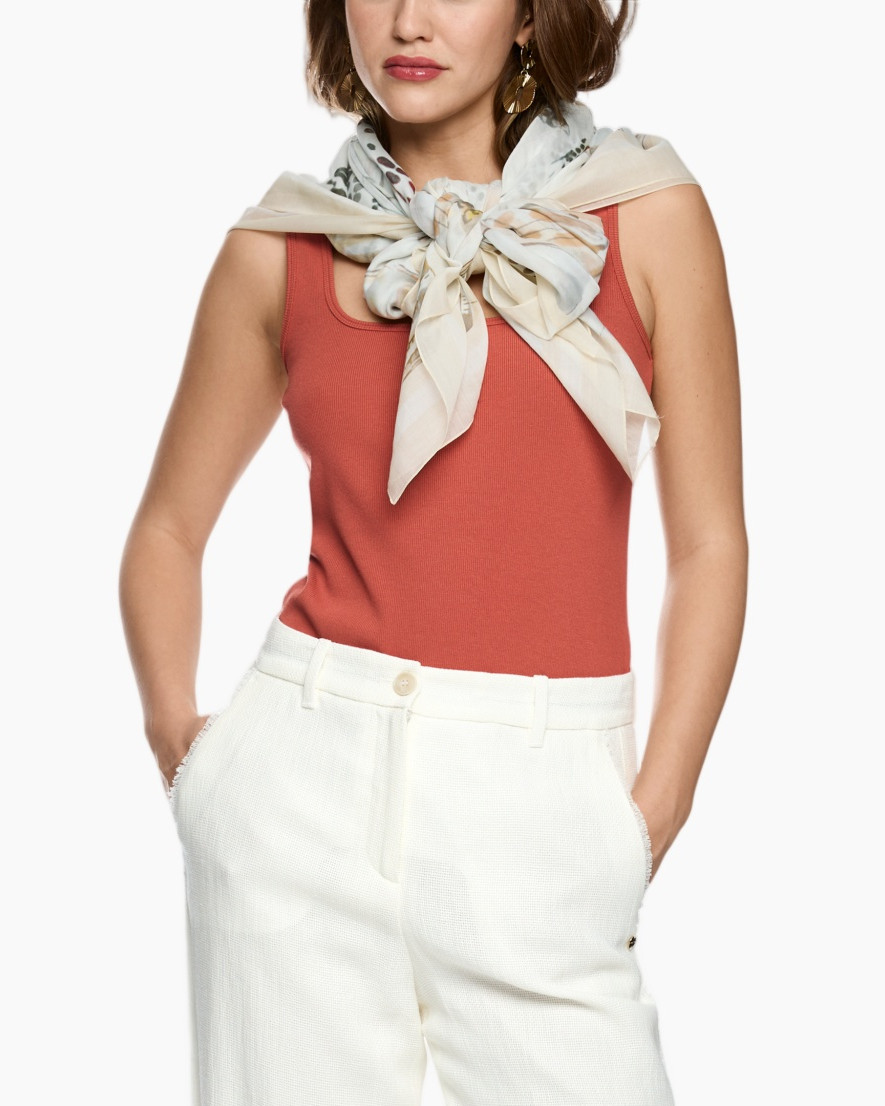 tank top, sleeveless, rust, coral, scarf
