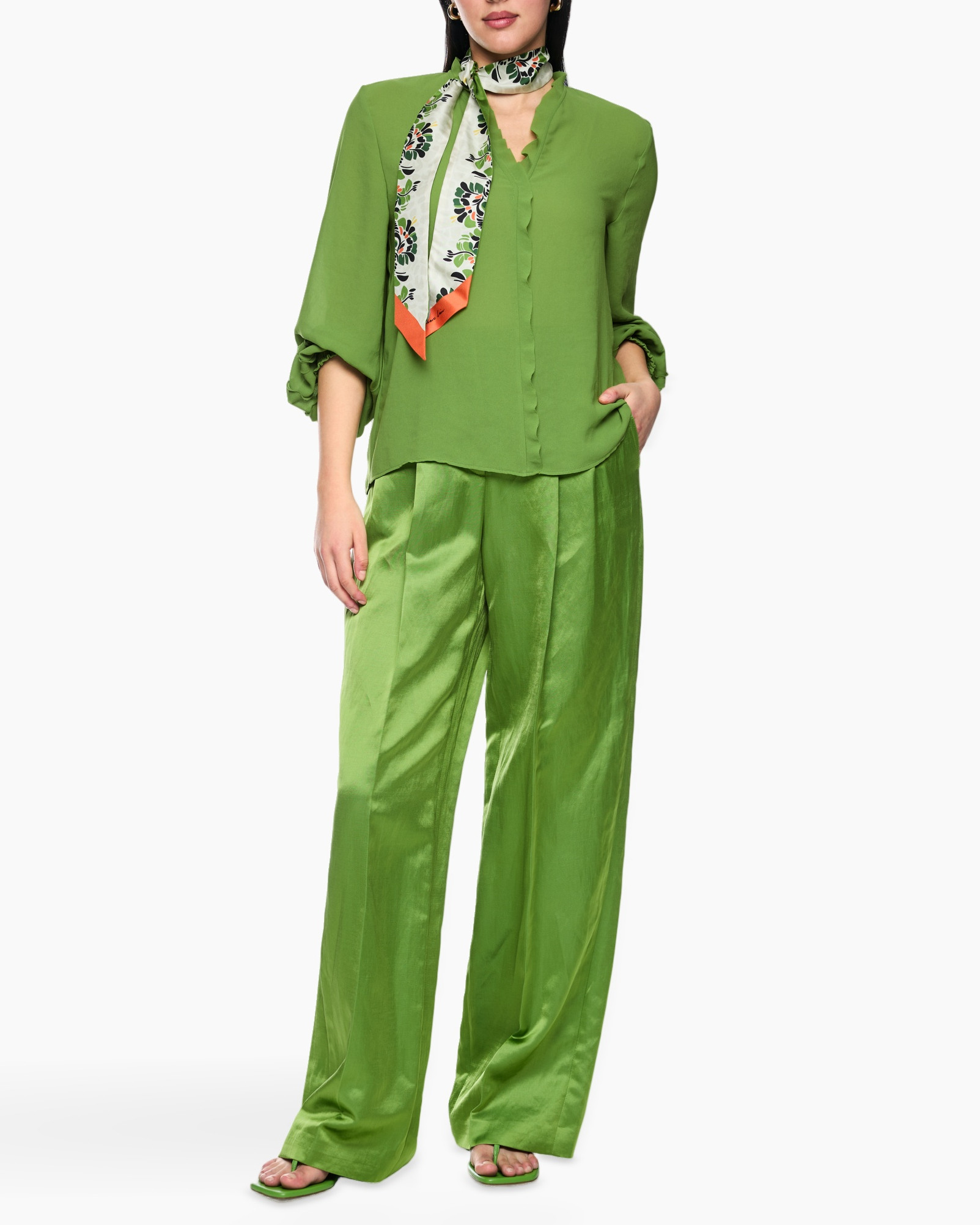 green, pants, silk, wide-leg, scarf accessory