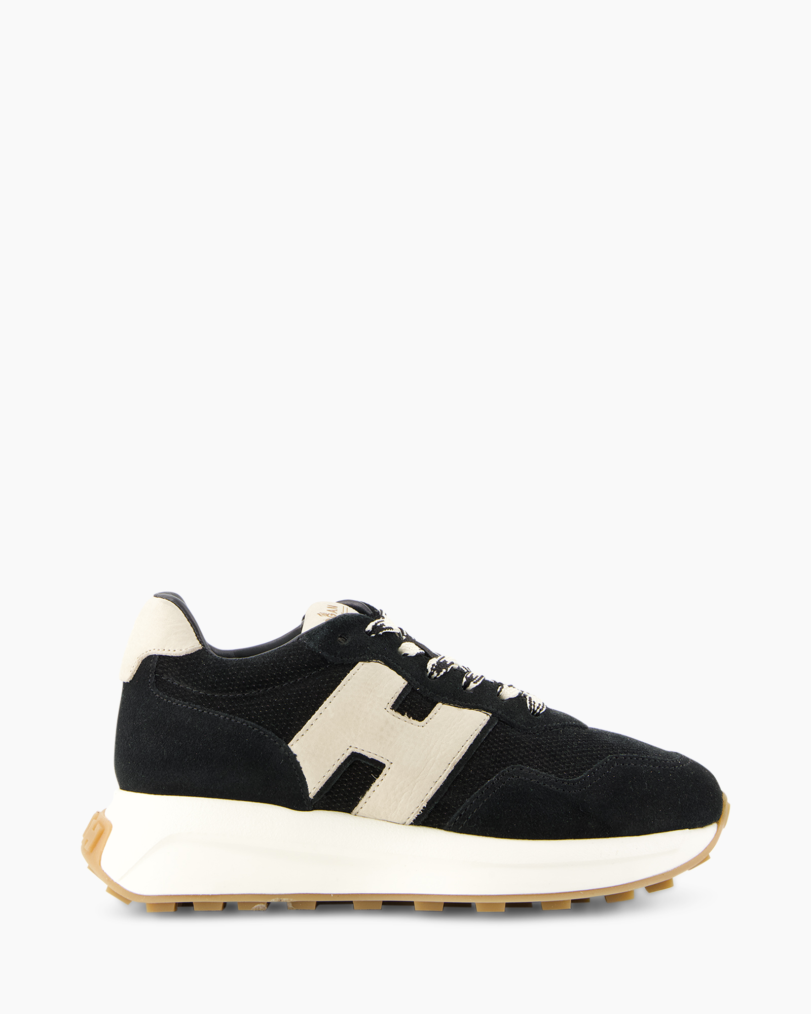shoe, sneaker, black,  suede, foam midsole, pattern, lattice H logo