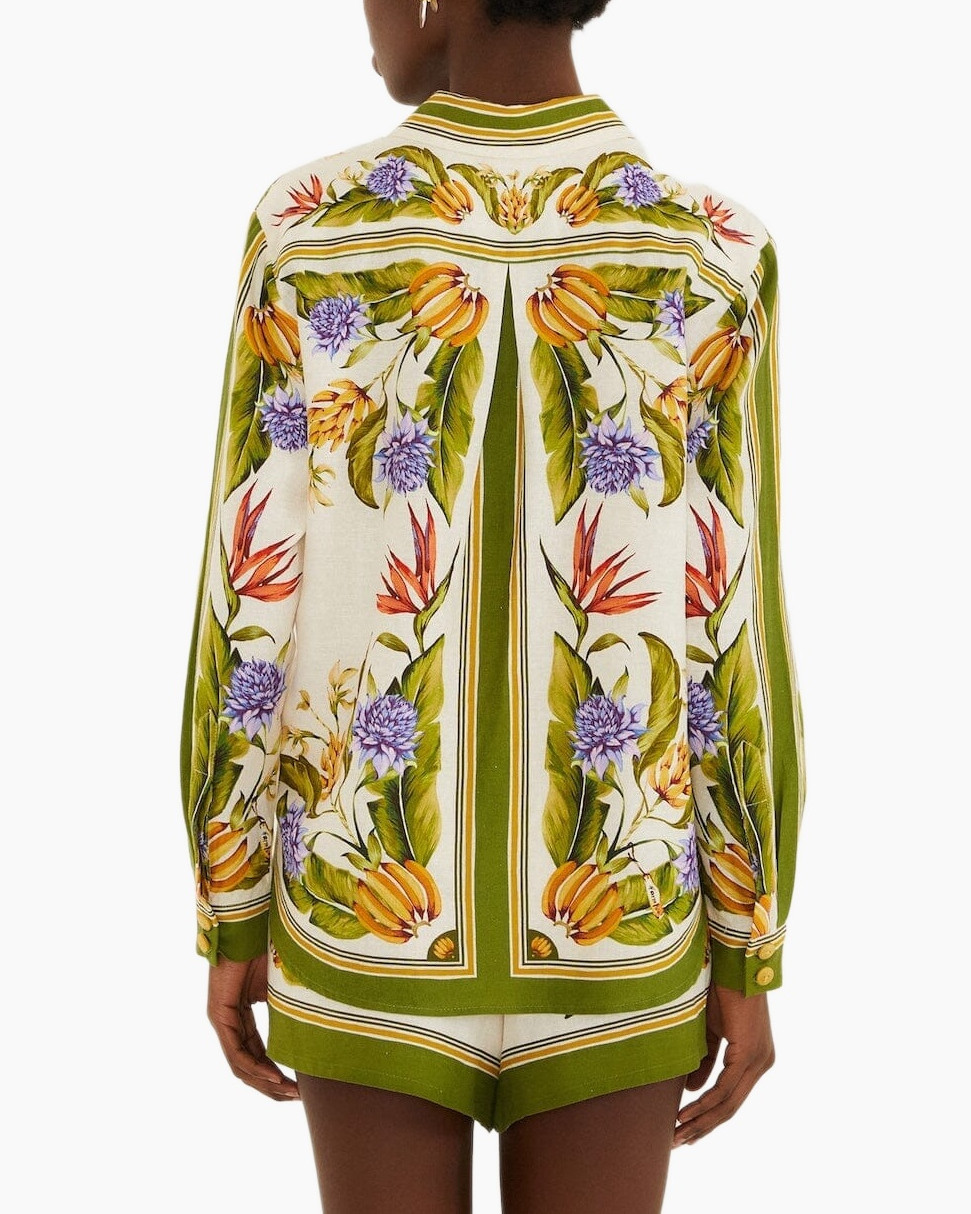 floral shirt, long sleeve, button-down, green accents, printed pattern