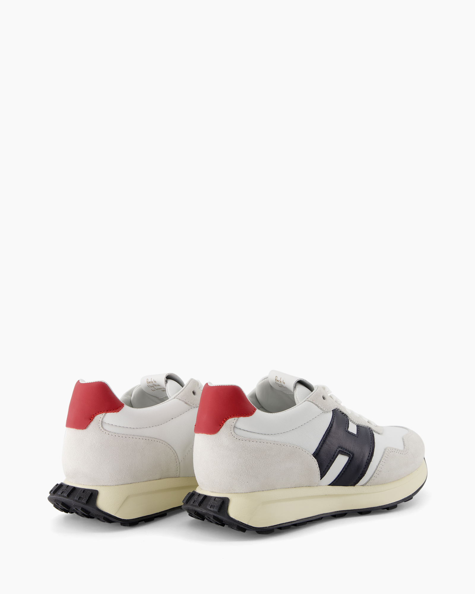 sneakers, athletic shoe, neutral colors, red heel, contrast panel