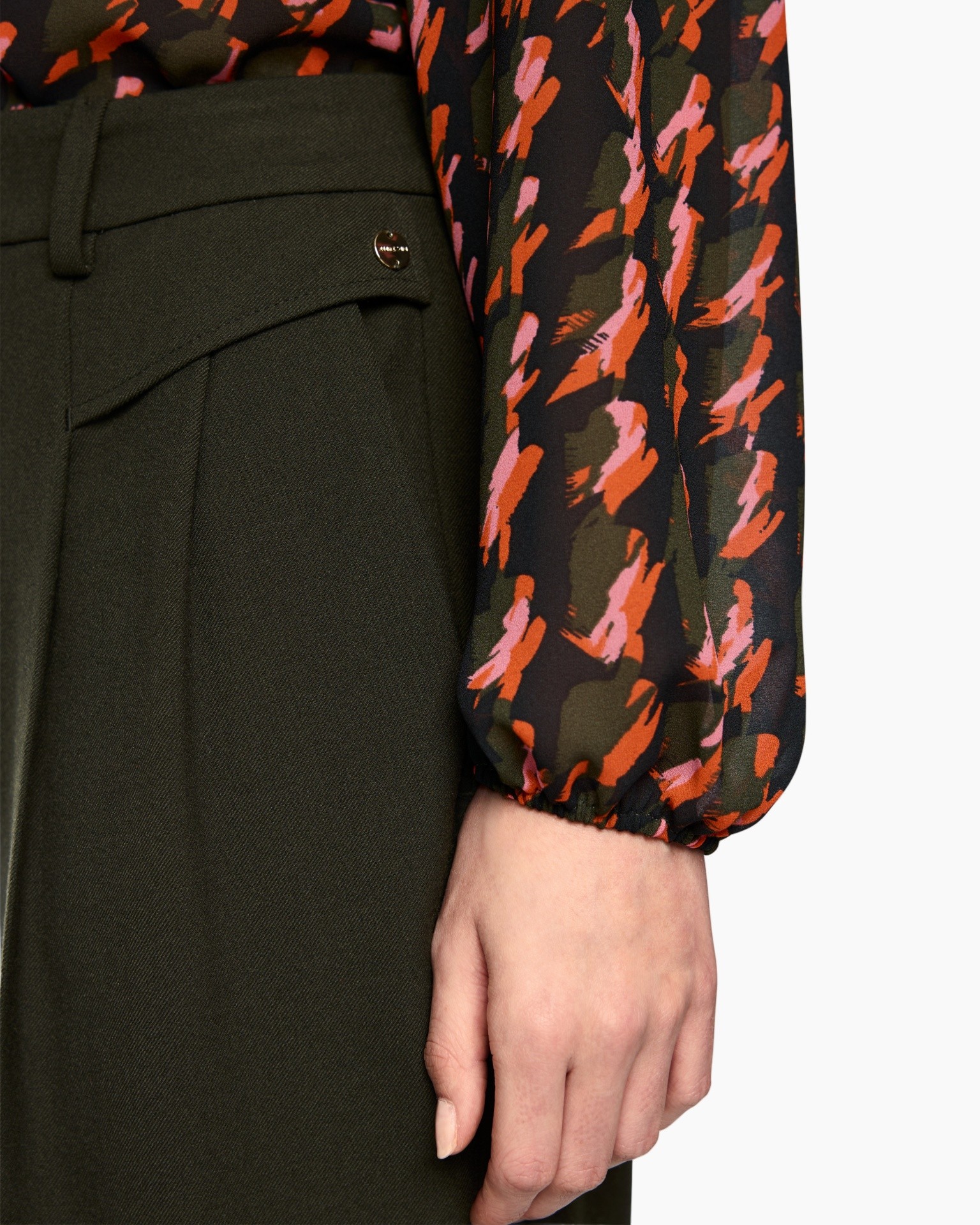 olive green, pants, pocket, button, print sleeve