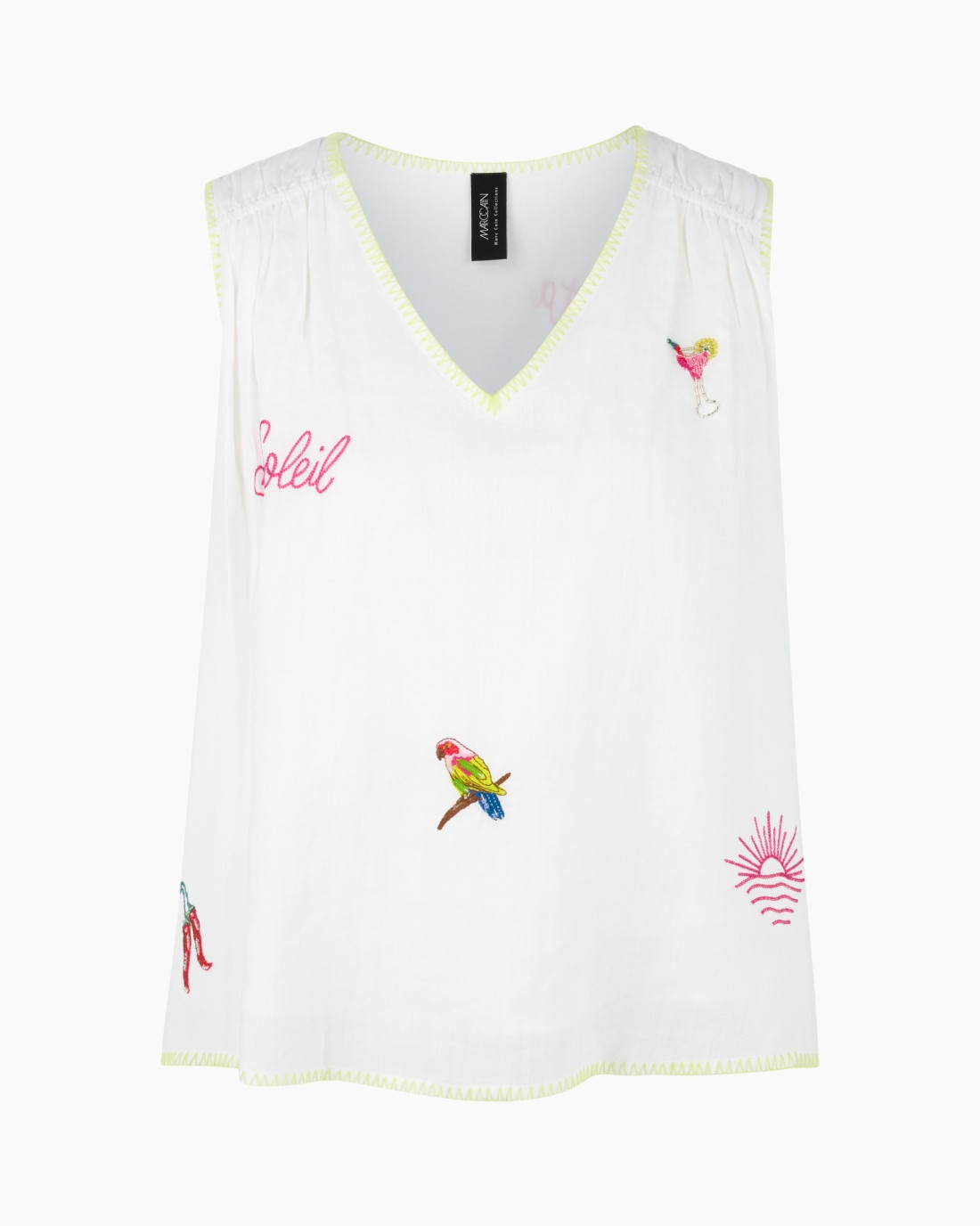 white sleeveless top, v-neck, embroidered birds, colorful embroidery, neon trim