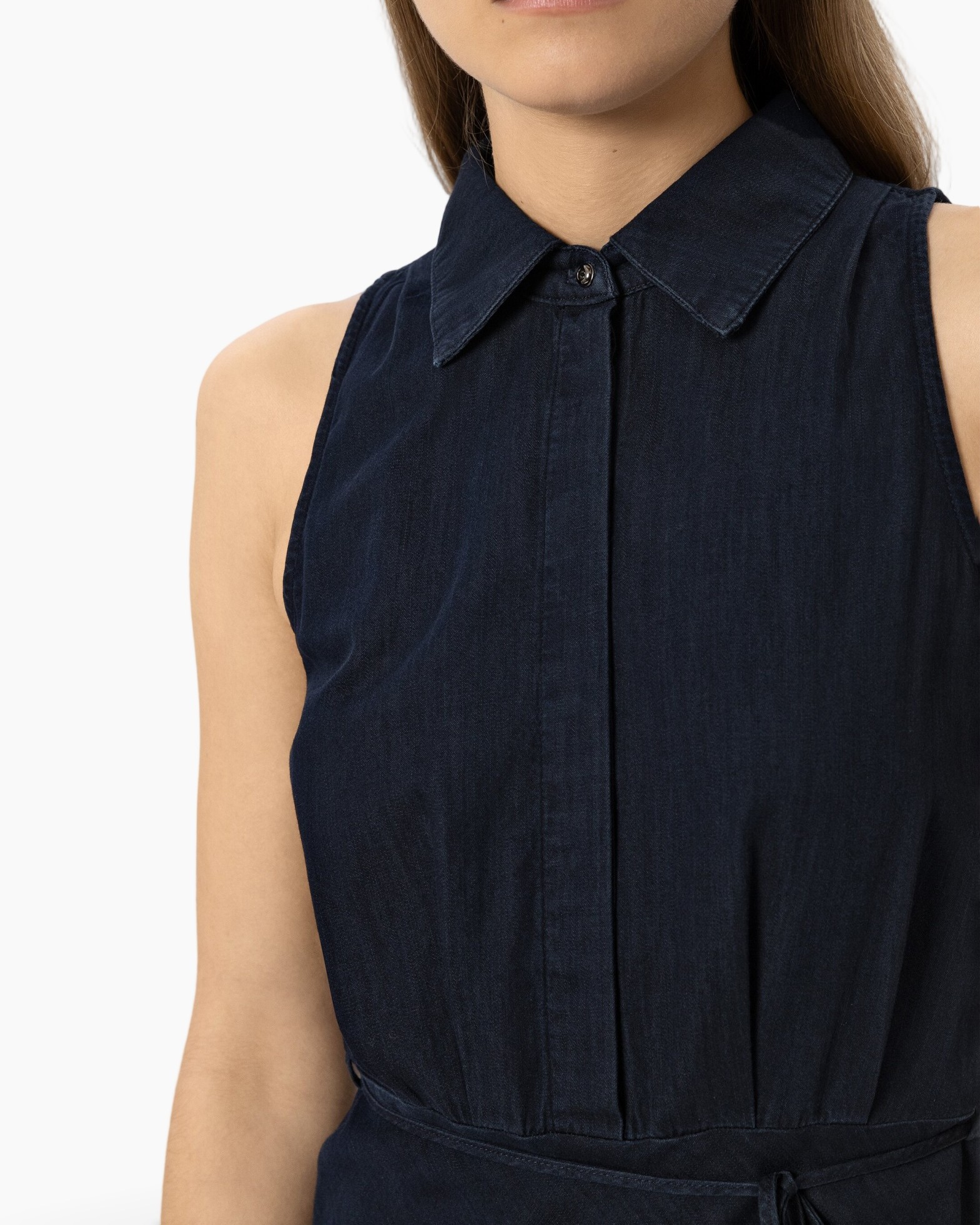 sleeveless, collared, navy, shirt-dress, pleats