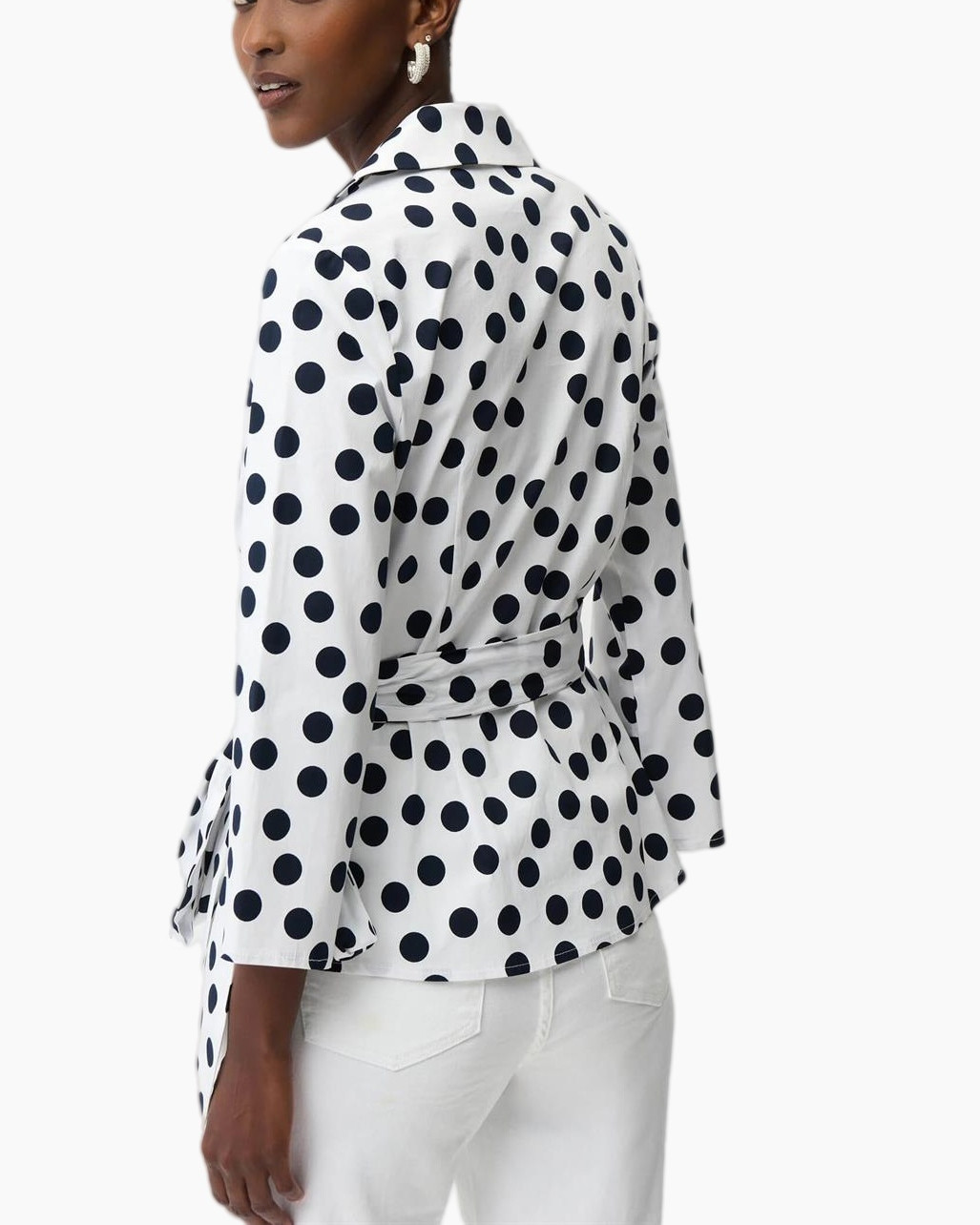 polka dot, wrap top, white top, long sleeve, blouse