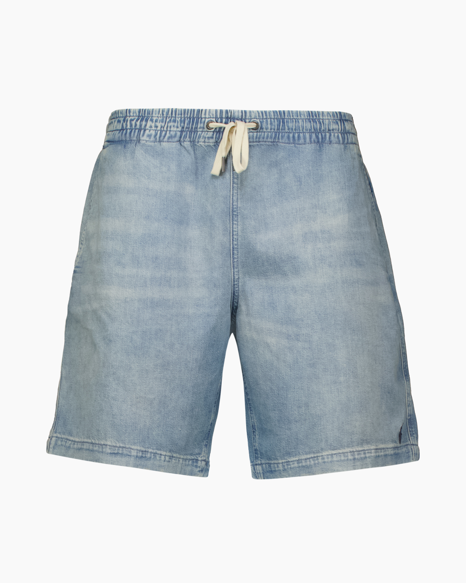 denim shorts, light wash, drawstring, elastic waist, pockets