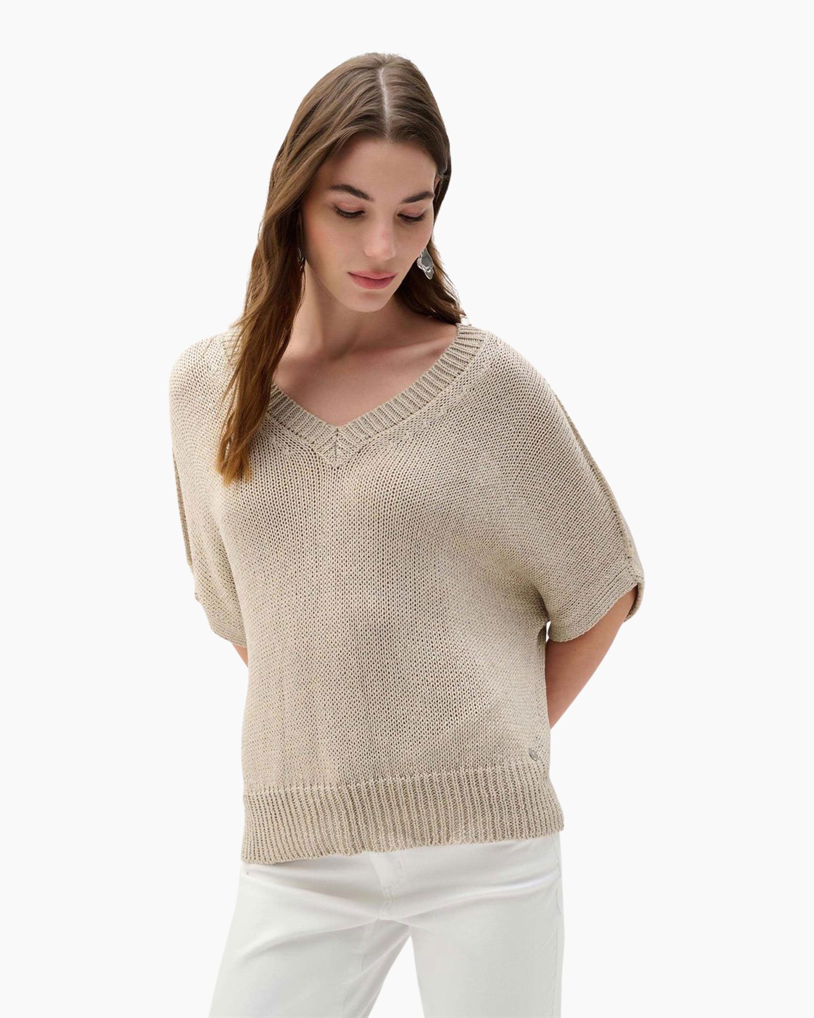 knit sweater, beige, v-neck, oversized fit, pullover