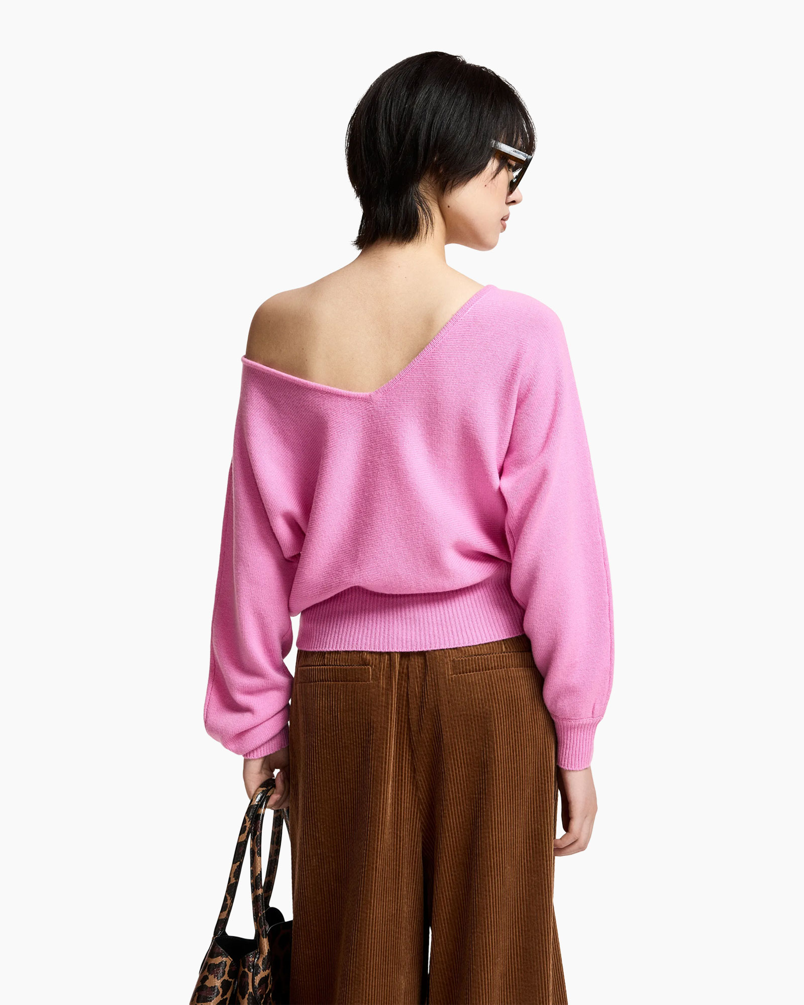 pink sweater, off-shoulder, long-sleeve, cropped, knit sweater