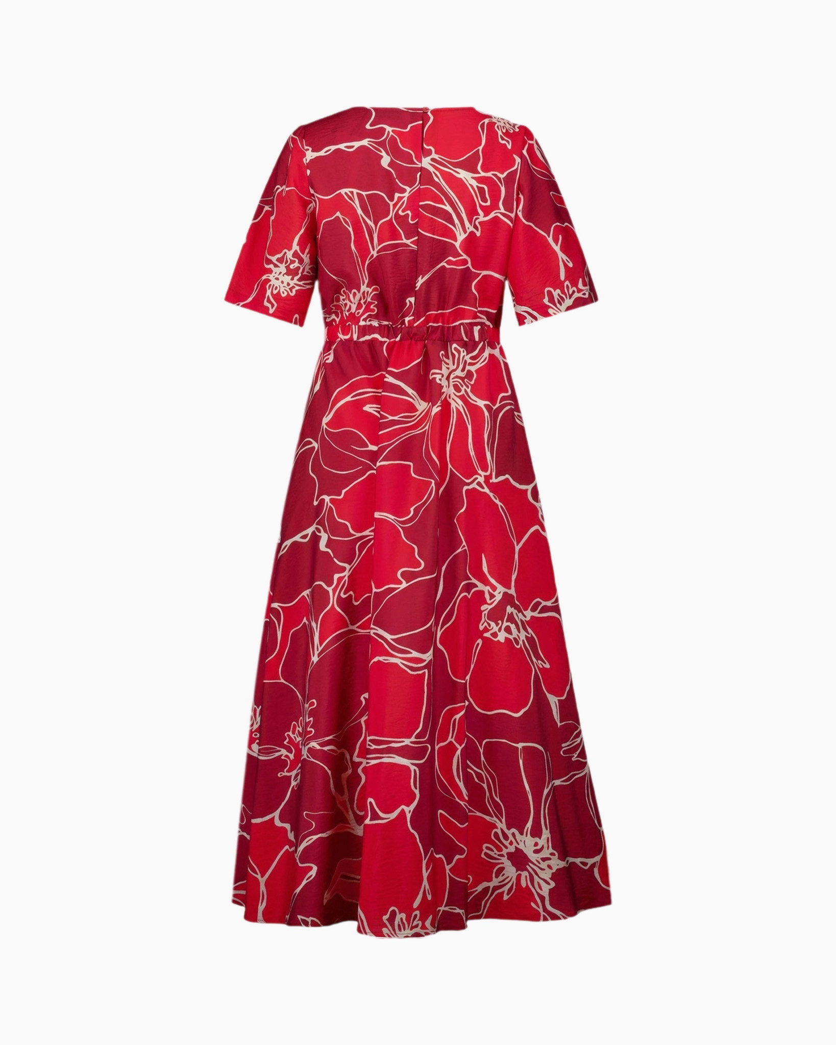 dress, mid-length, red, floral pattern, short sleeves