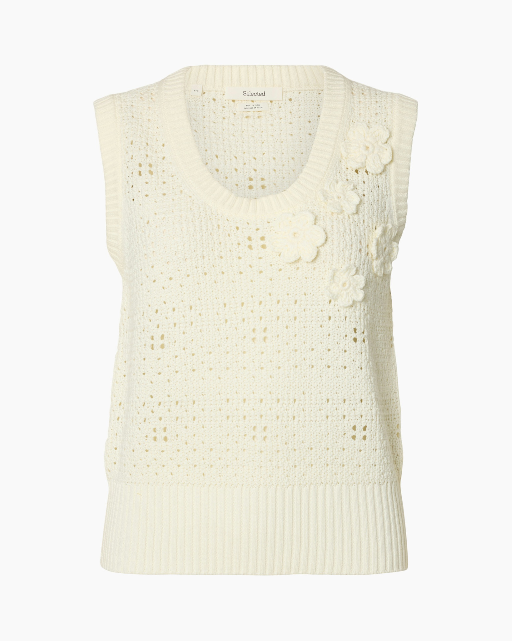 knit, sleeveless, cream, flower applique, perforated detail