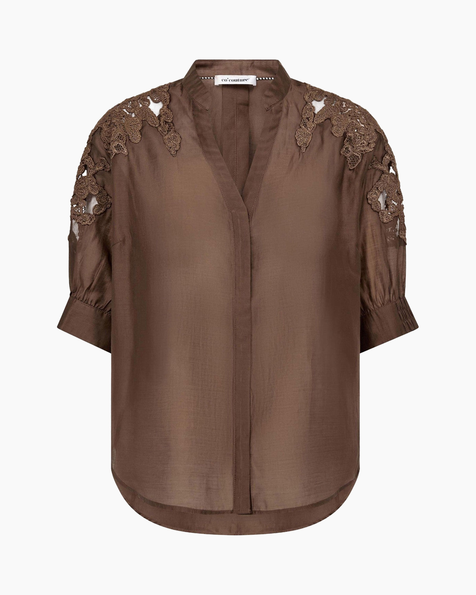 brown, blouse, lace, short sleeves, loose fit