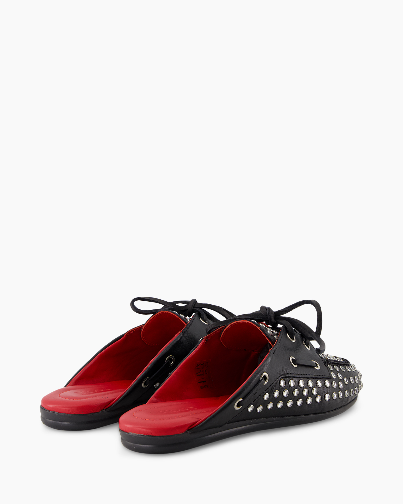 moccasins, leather, studded, slip-on, red-insole