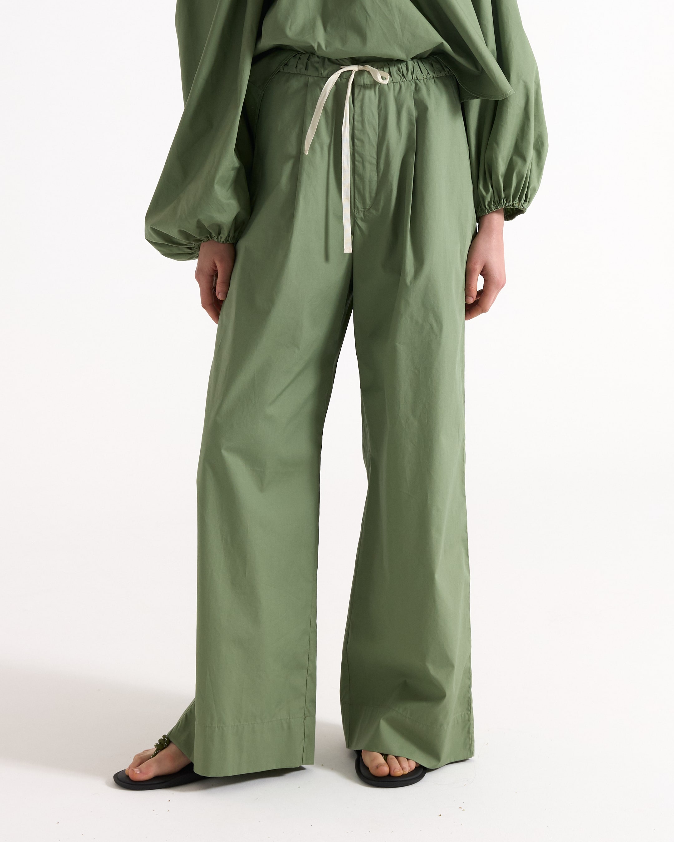pants, wide-leg, drawstring, olive-green, flared