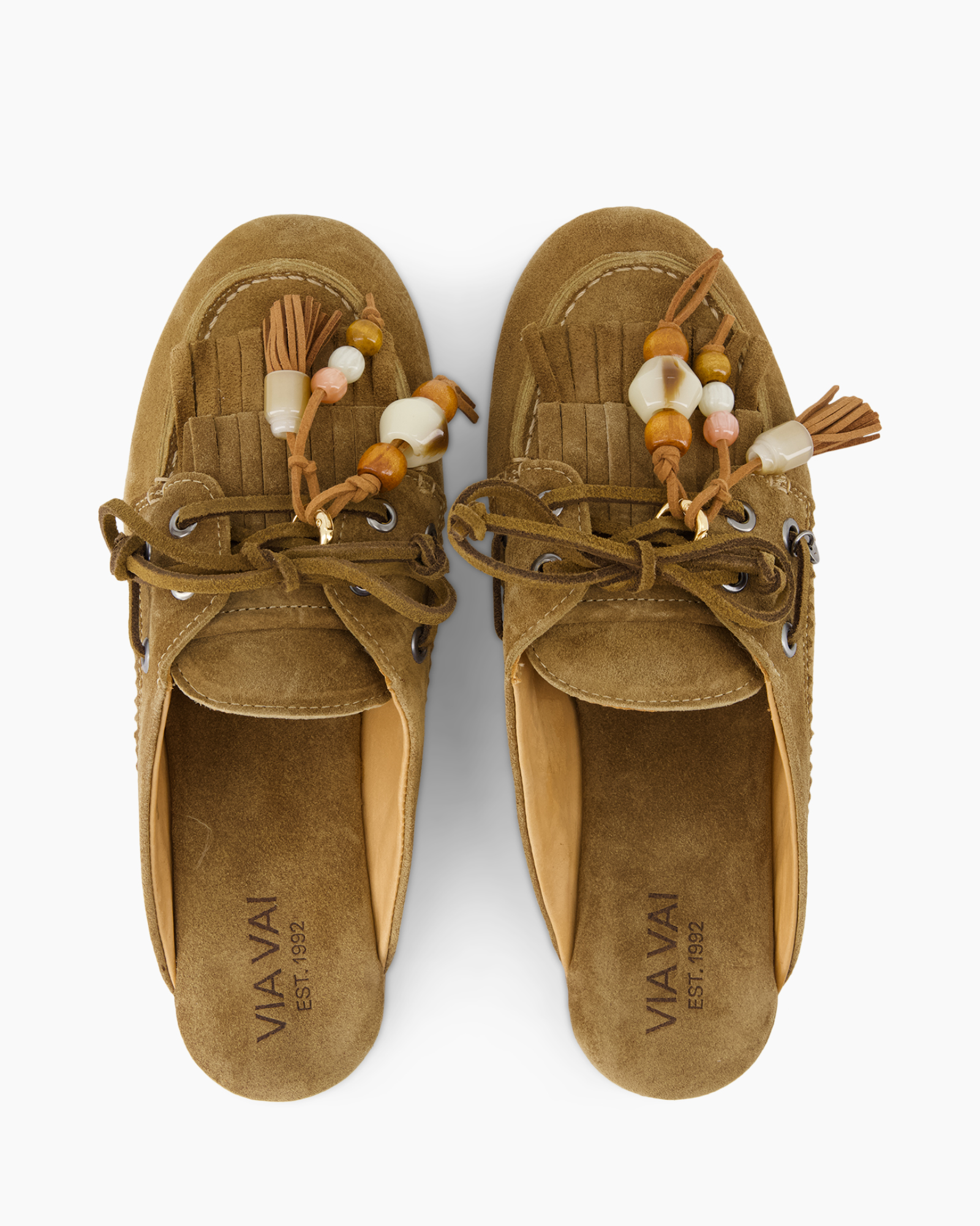 slip-ons, suede, moccasin, beaded tassels, brown