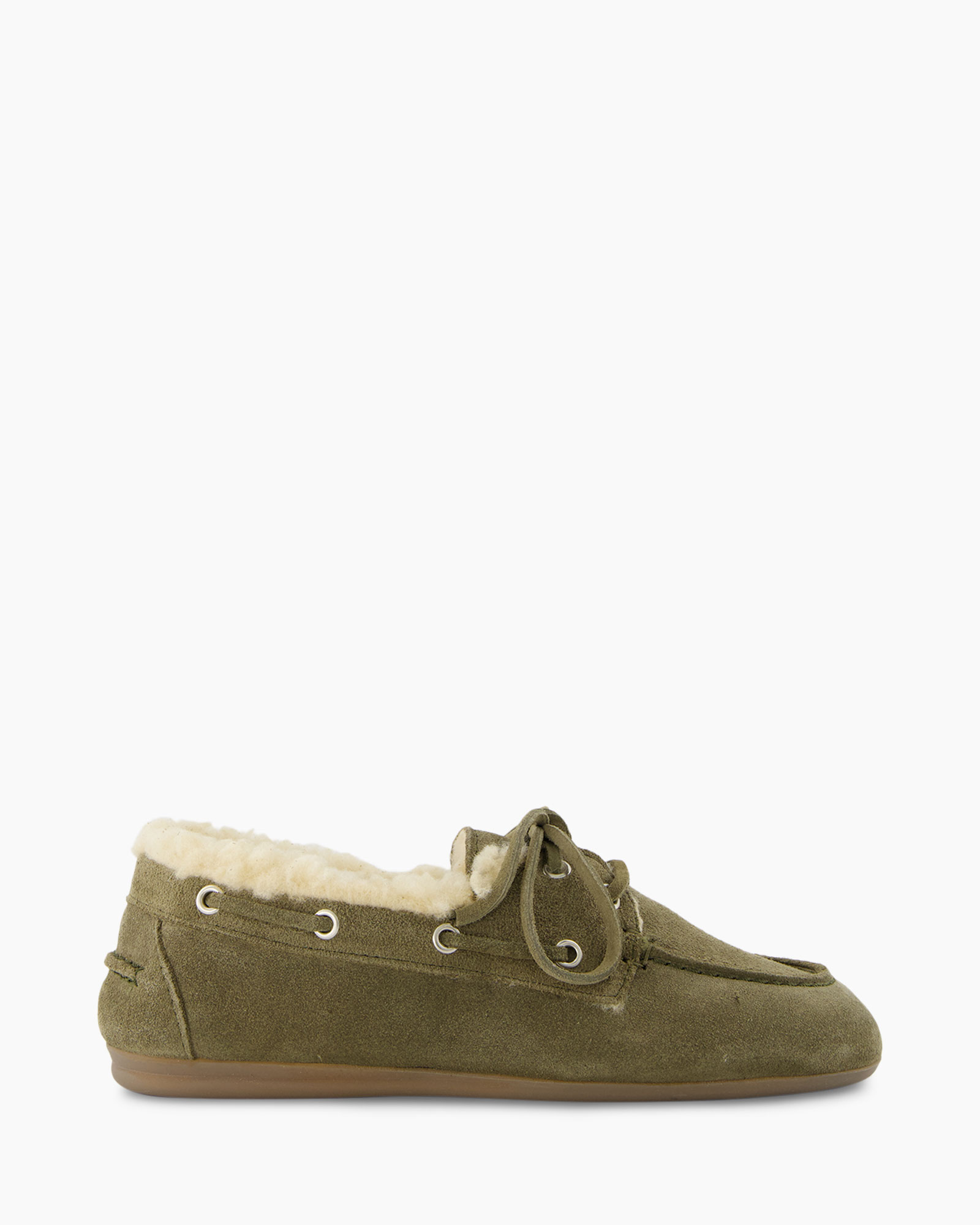 boatshoe, moccasin, olive, suede, shearling
