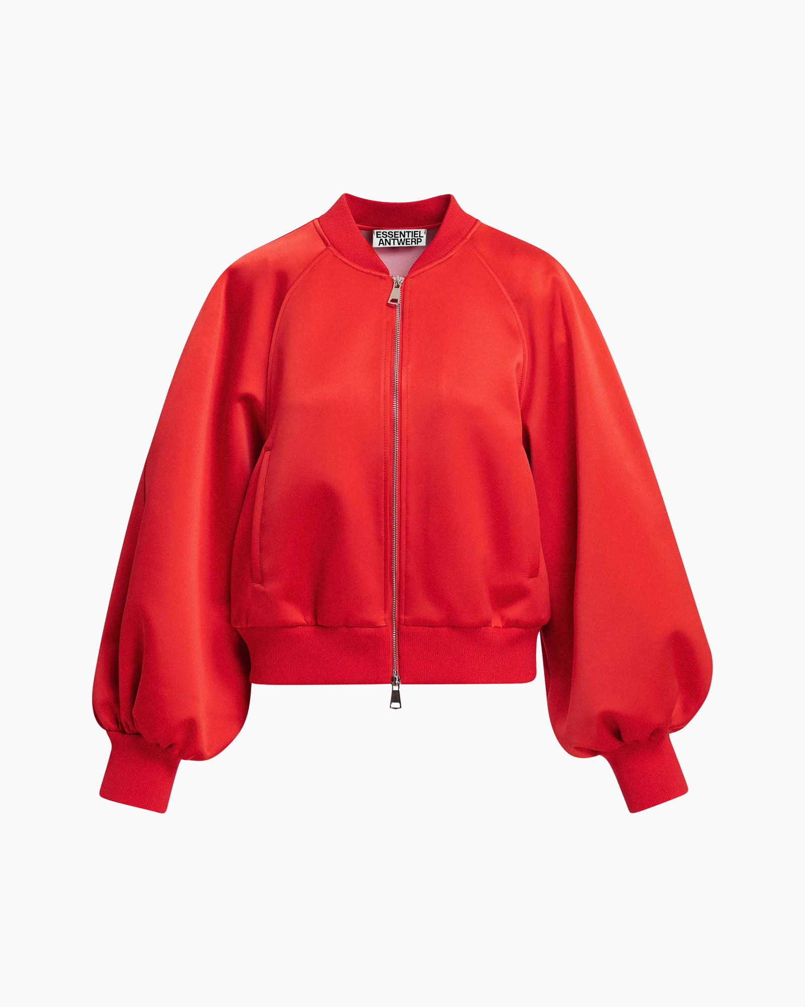 bomber jacket, red, zipper, puff sleeves, collarless