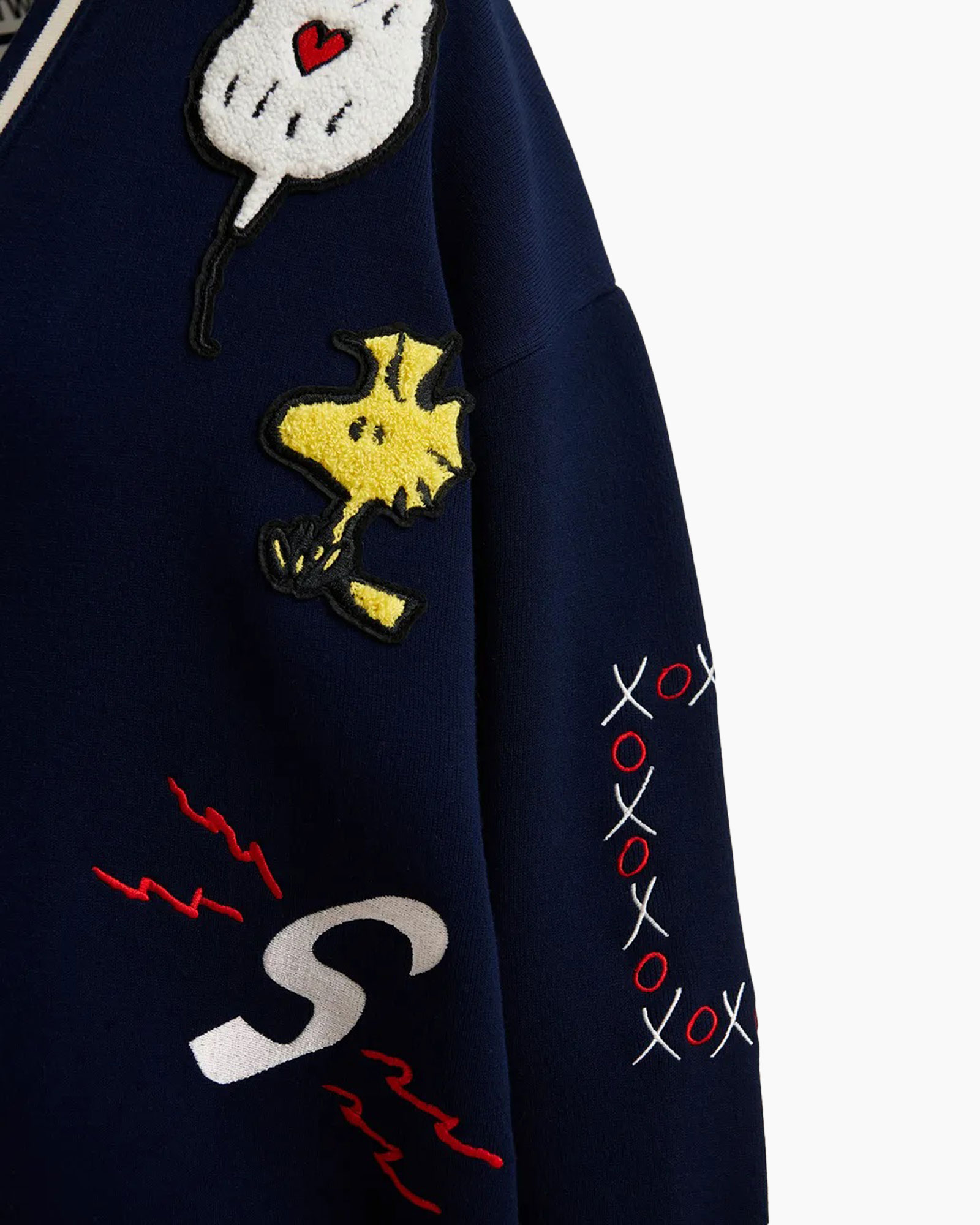 navy sweater, embroidery, patches, graphic design, long sleeve