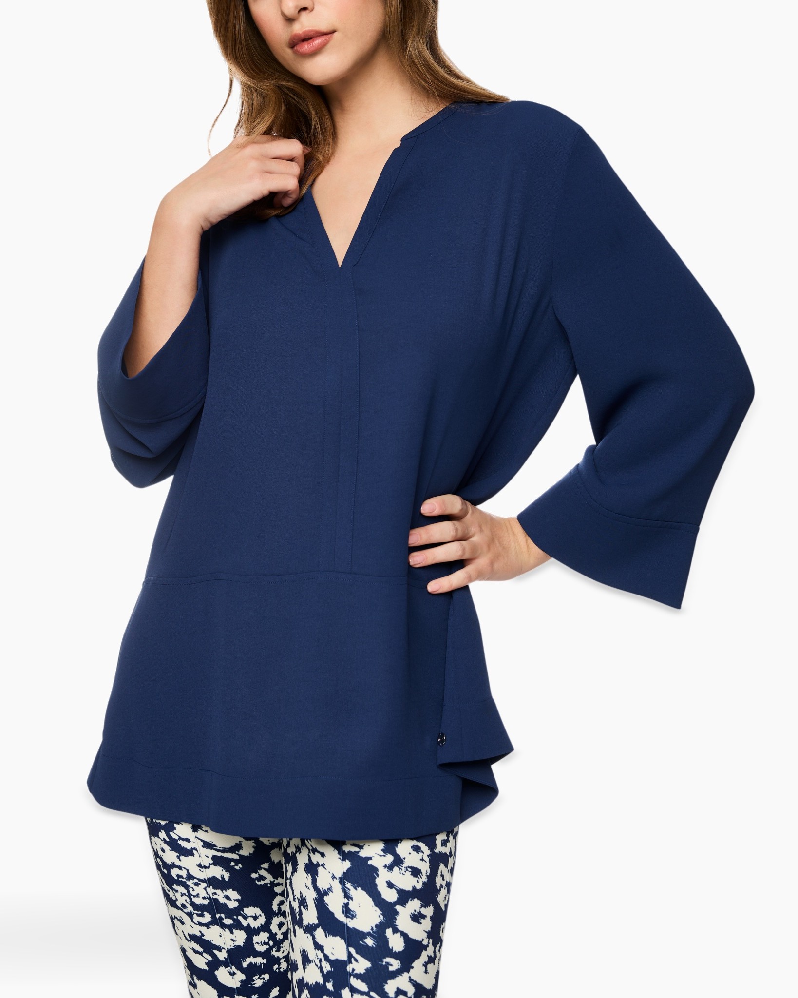 blouse, long sleeve, v-neck, solid color, blue