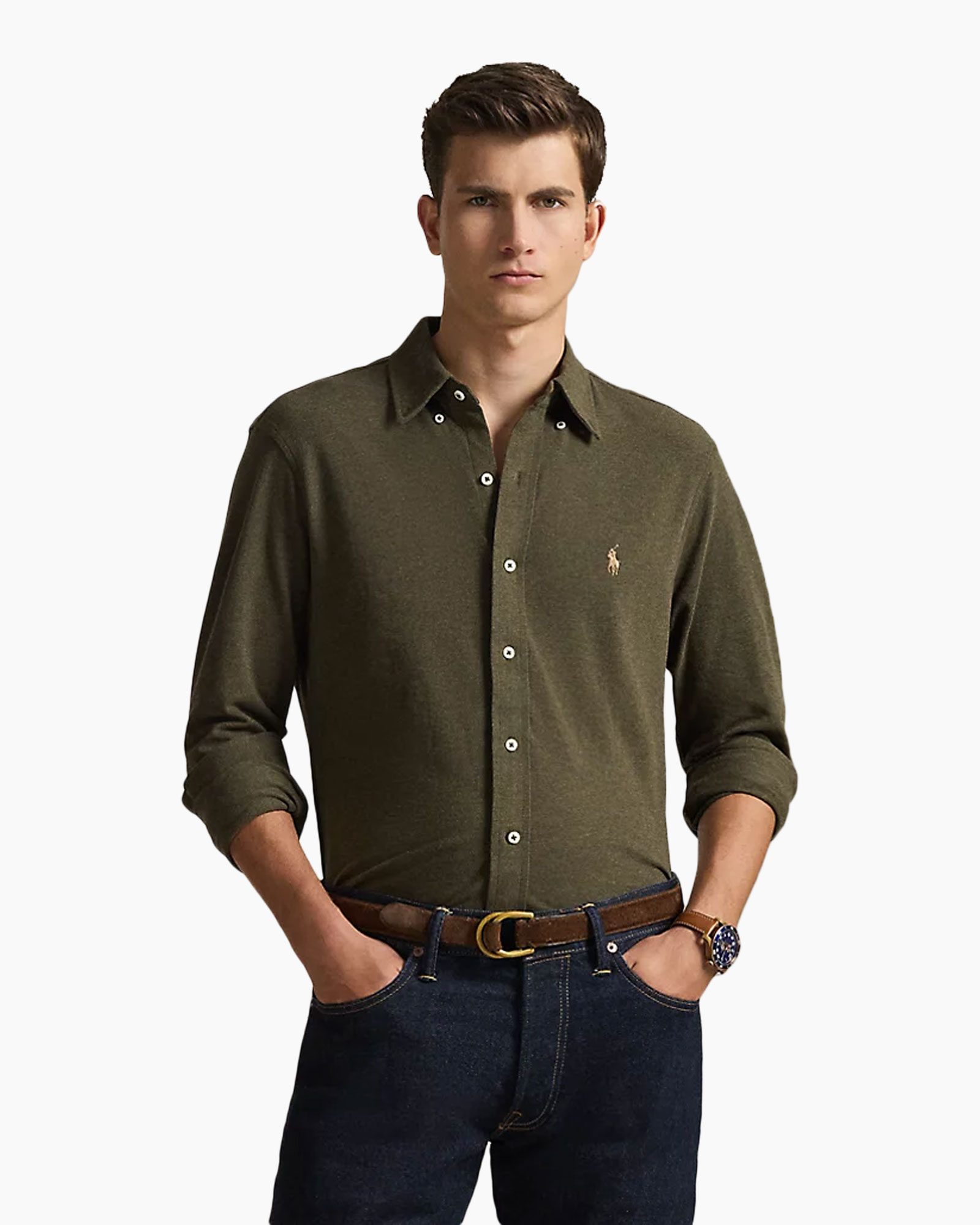 men's shirt, olive green, button-down, long sleeve, polo logo