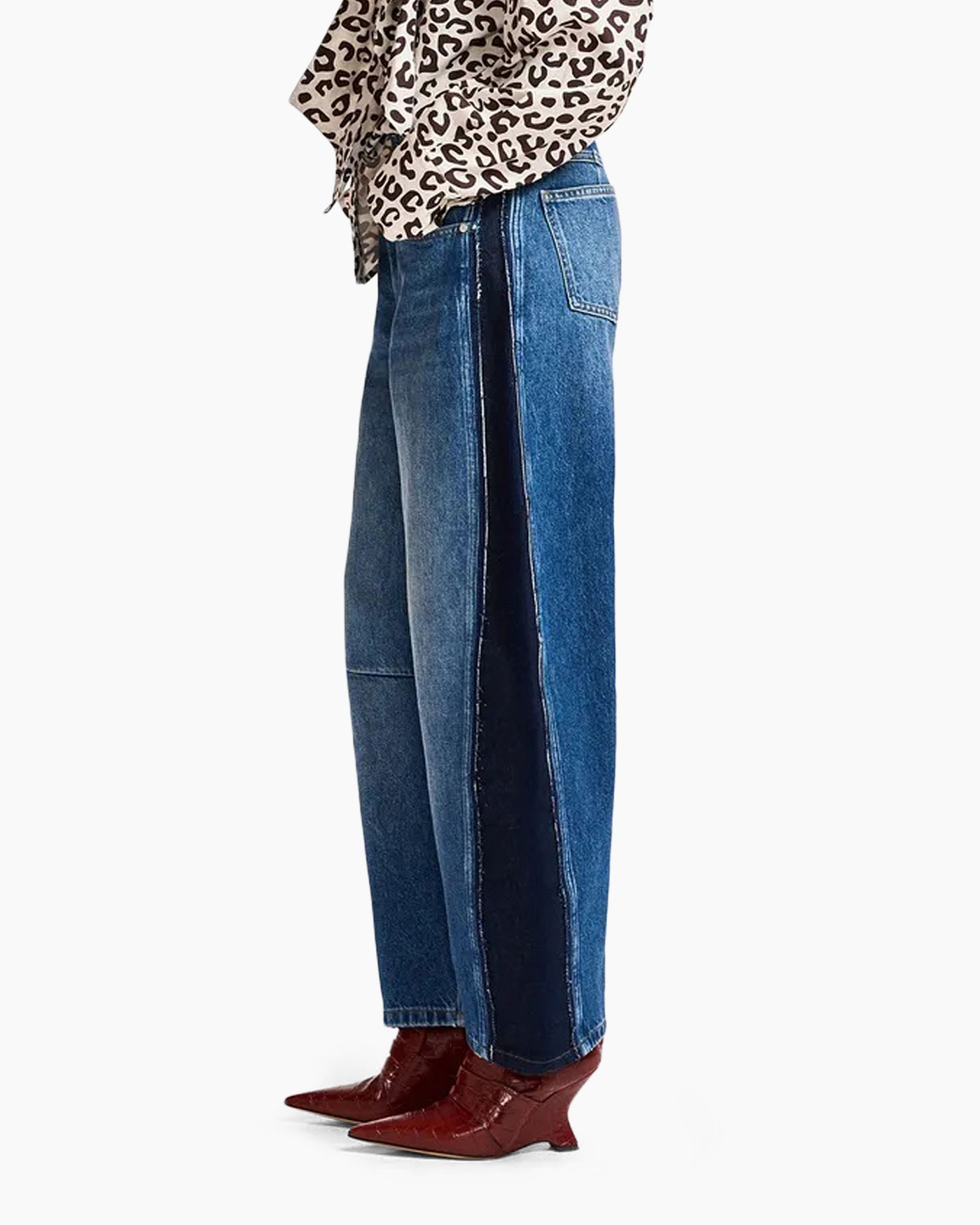 denim jeans, patchwork denim, side slit, brown boots, leopard print top