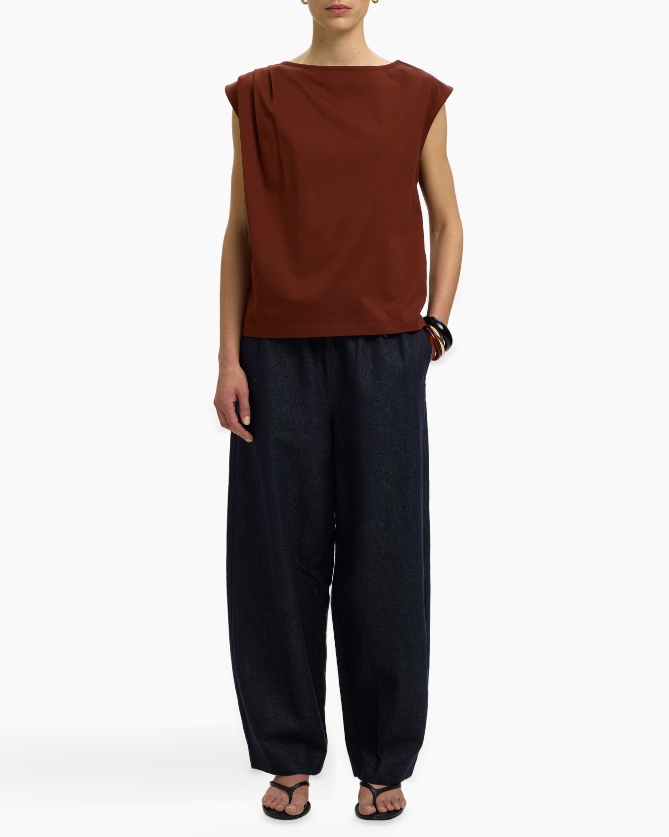 top, sleeveless, rust, brown, pants
