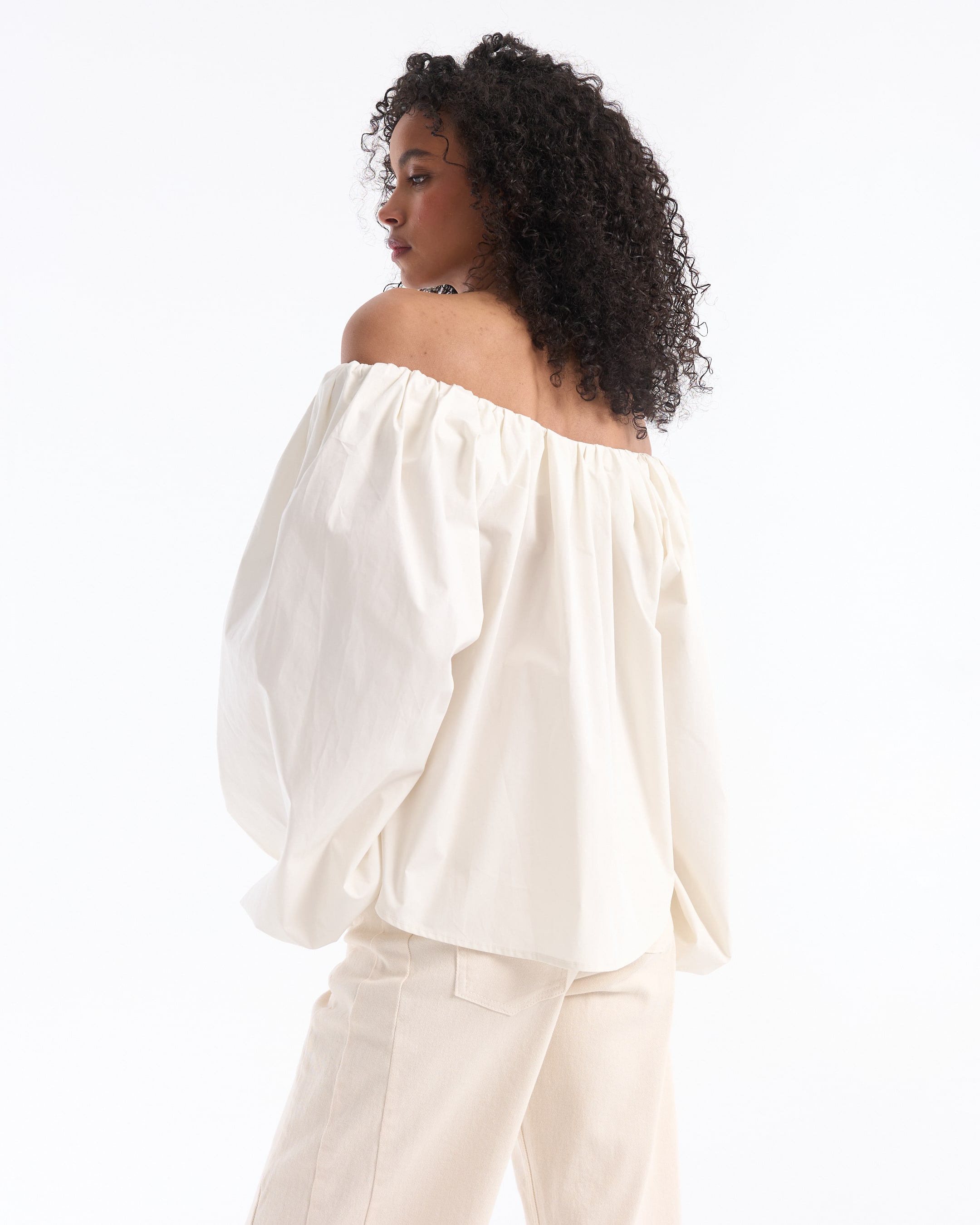 off-shoulder top, puff sleeves, cream blouse, loose fit, cotton fabric