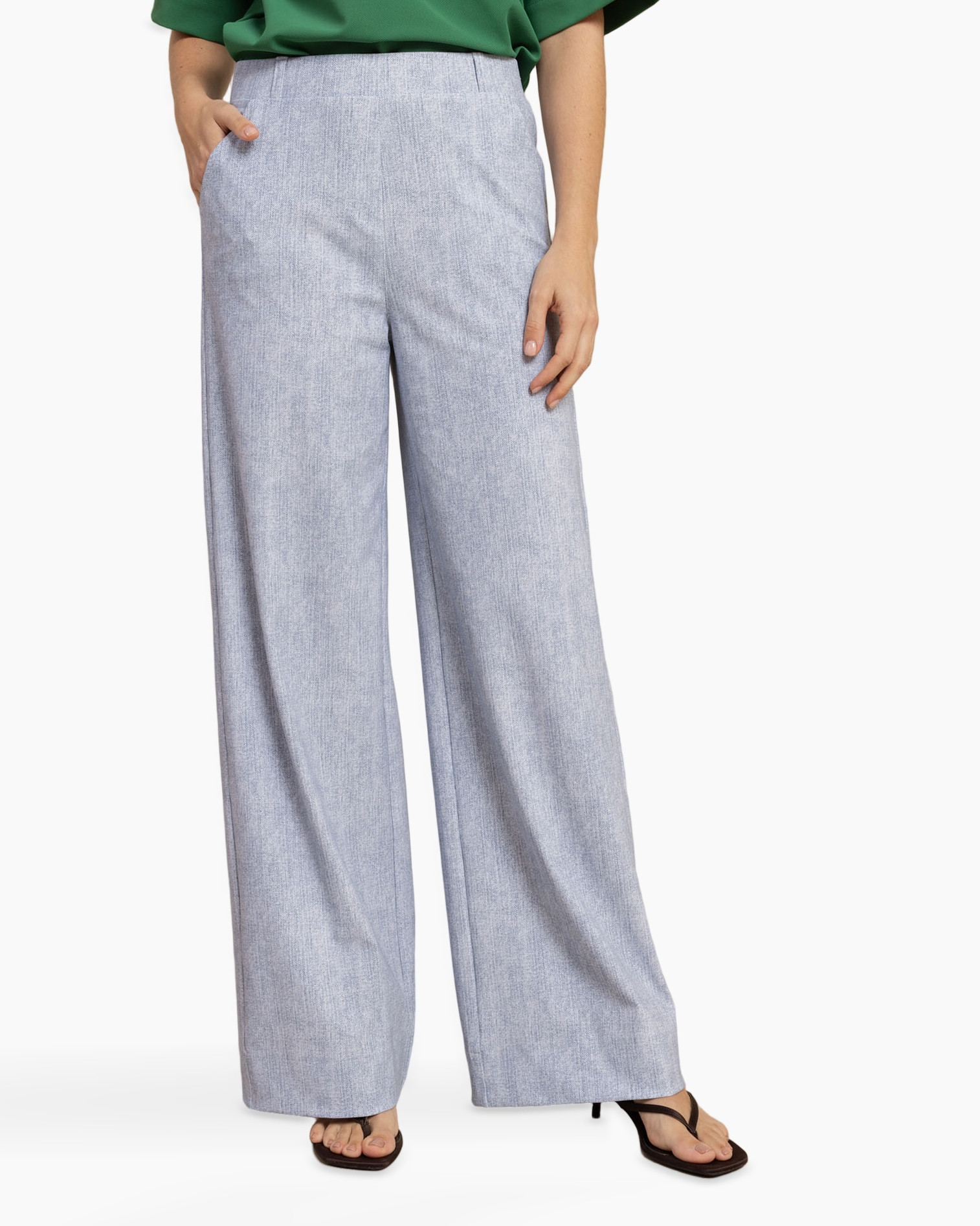 trousers, wide-leg, linen blend, light blue, solid color
