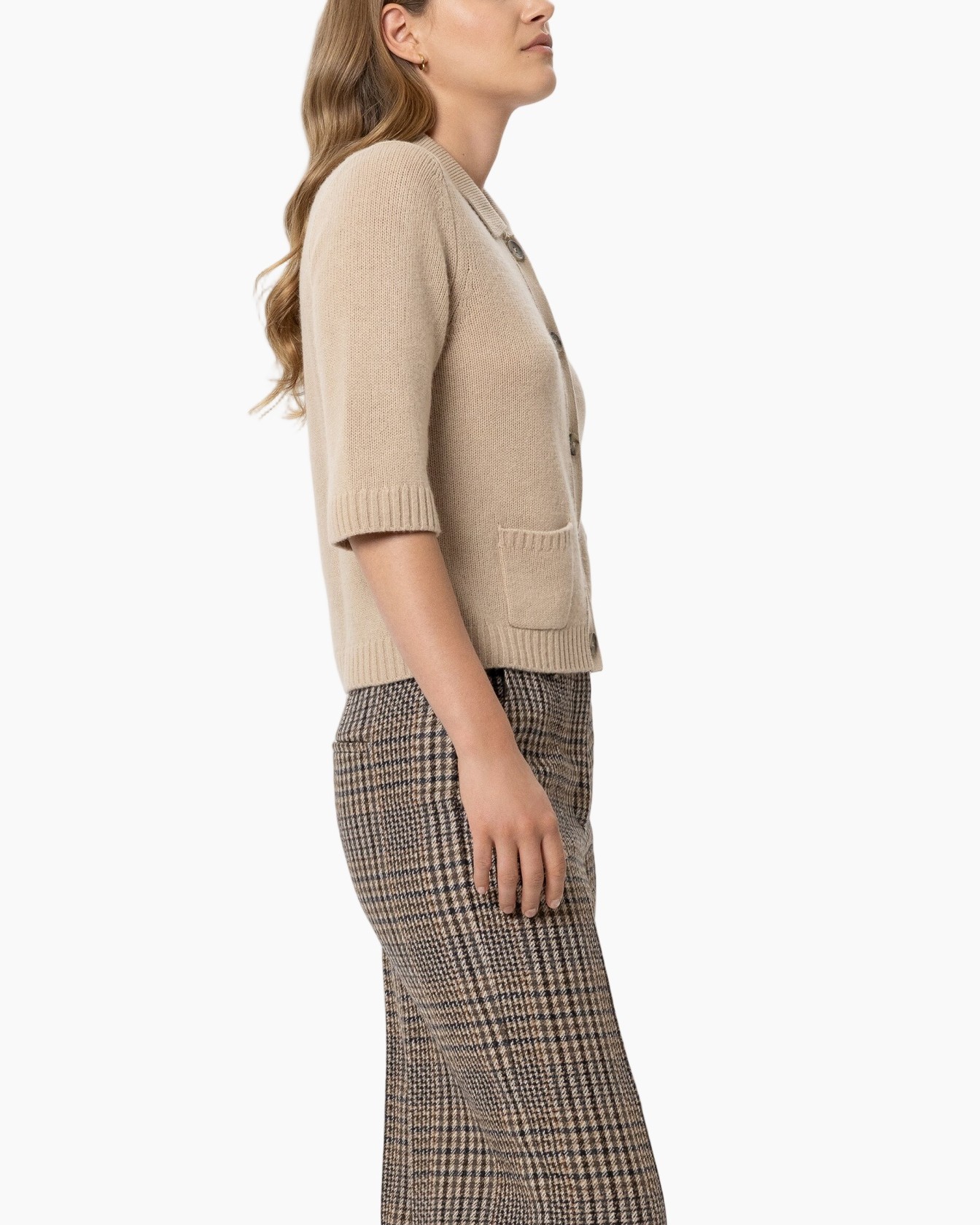 cardigan, knit, beige, short-sleeve, pocket