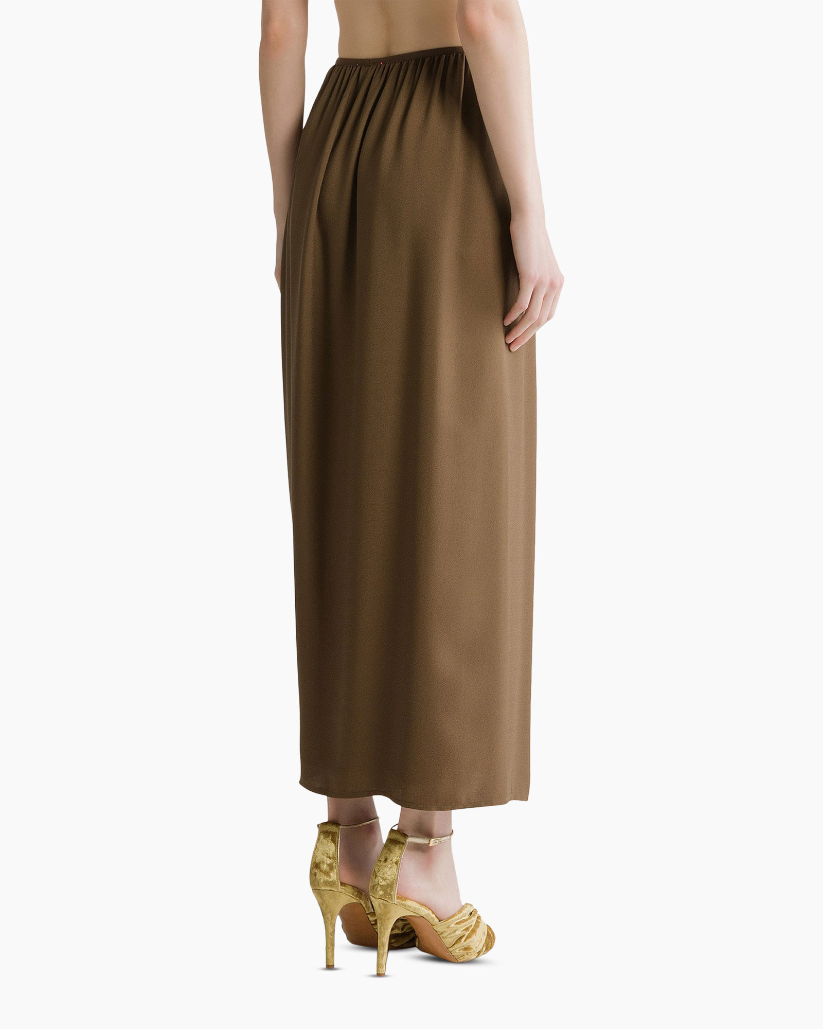 brown skirt, wide leg, slit, ankle length, gold sandals