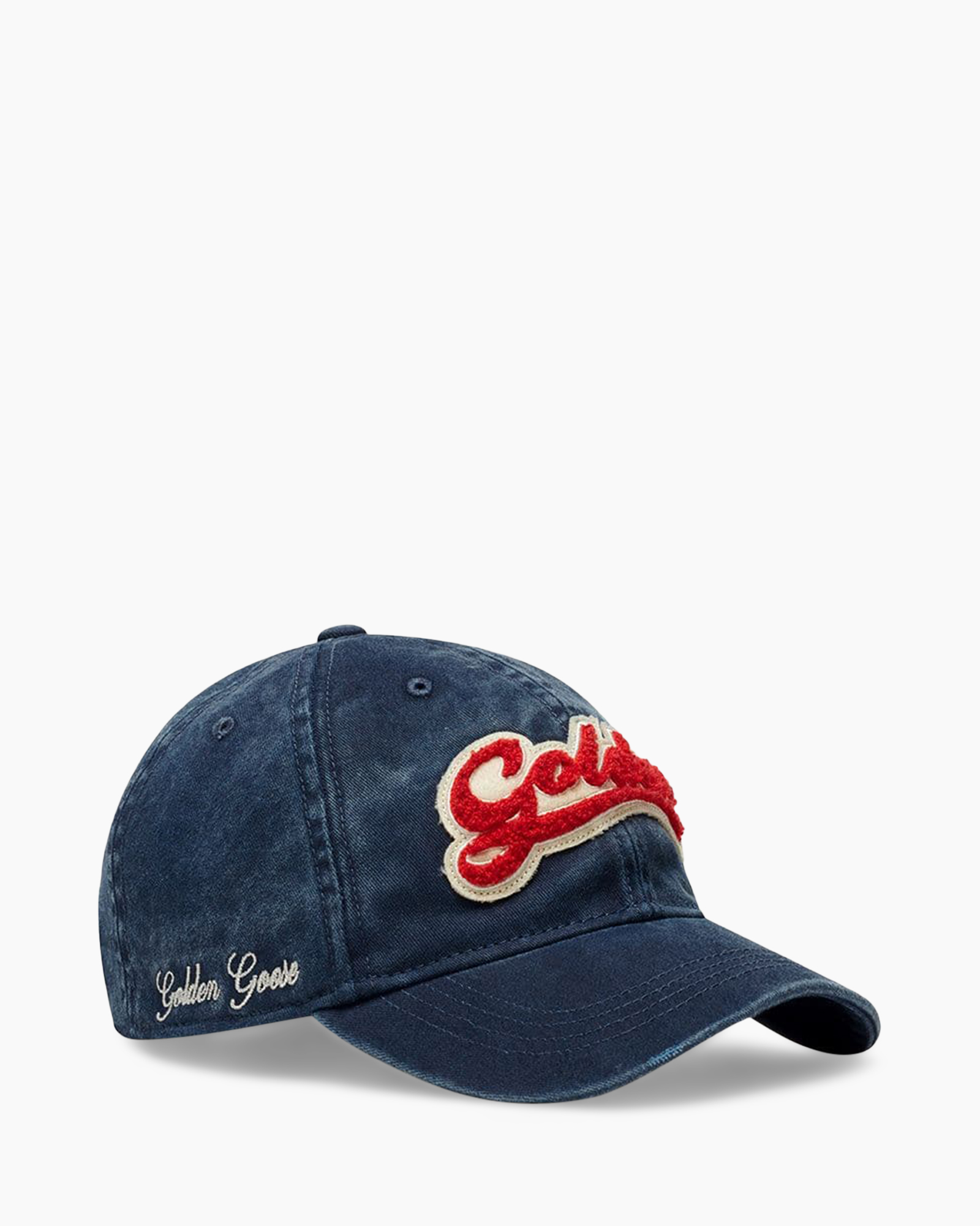 baseball cap, denim, embroidered patch, curved brim, golden hooks text