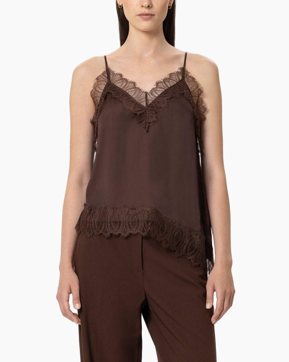 slip, pajama top, lace trim, spaghetti straps, brown