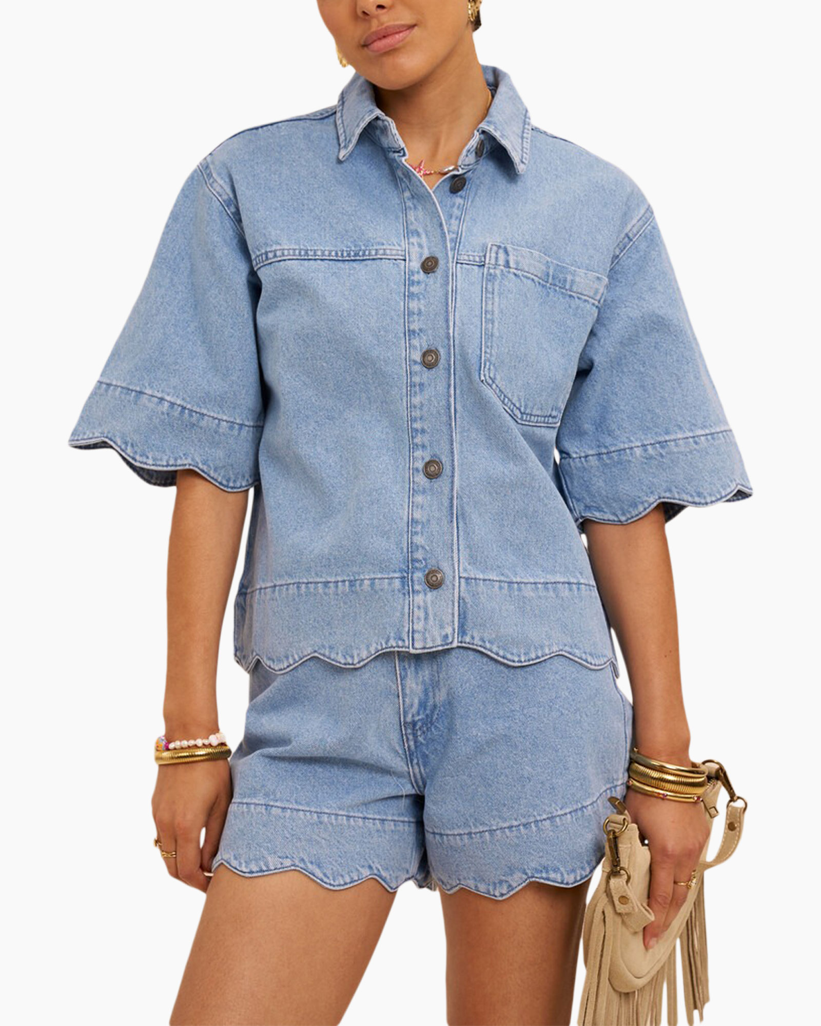 denim top, shorts set, scallop hem, button front, bell sleeve