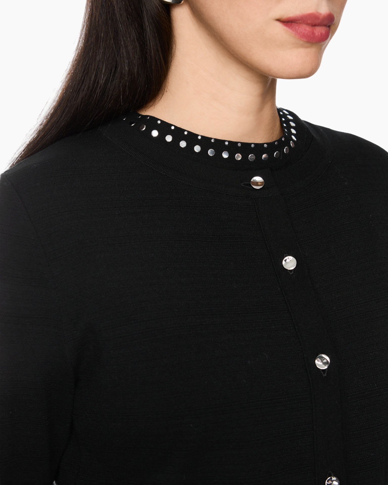 cardigan, black, silver studs, knit, buttoned