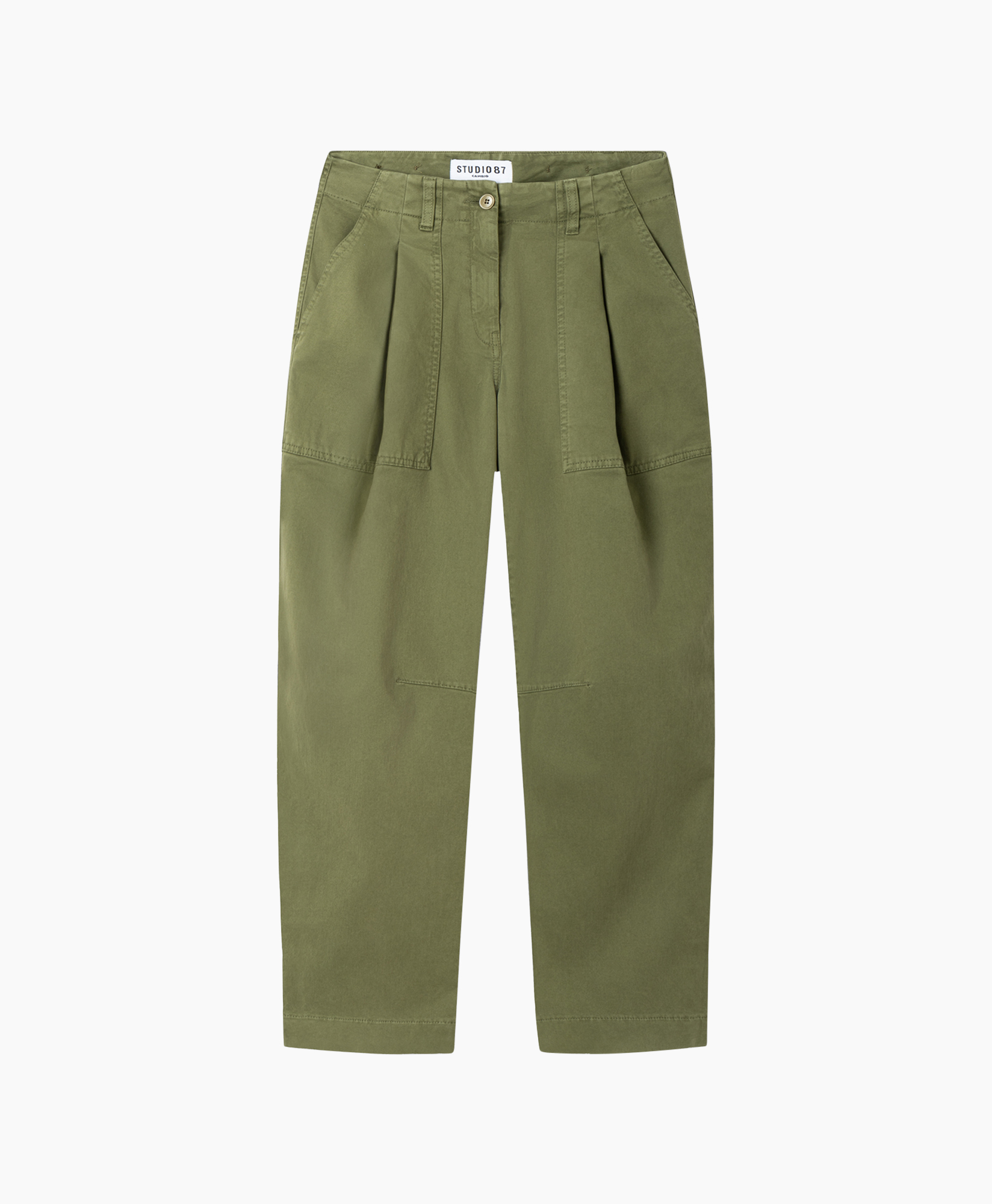 pants, khaki green, cargo pants, pleated, direct front view