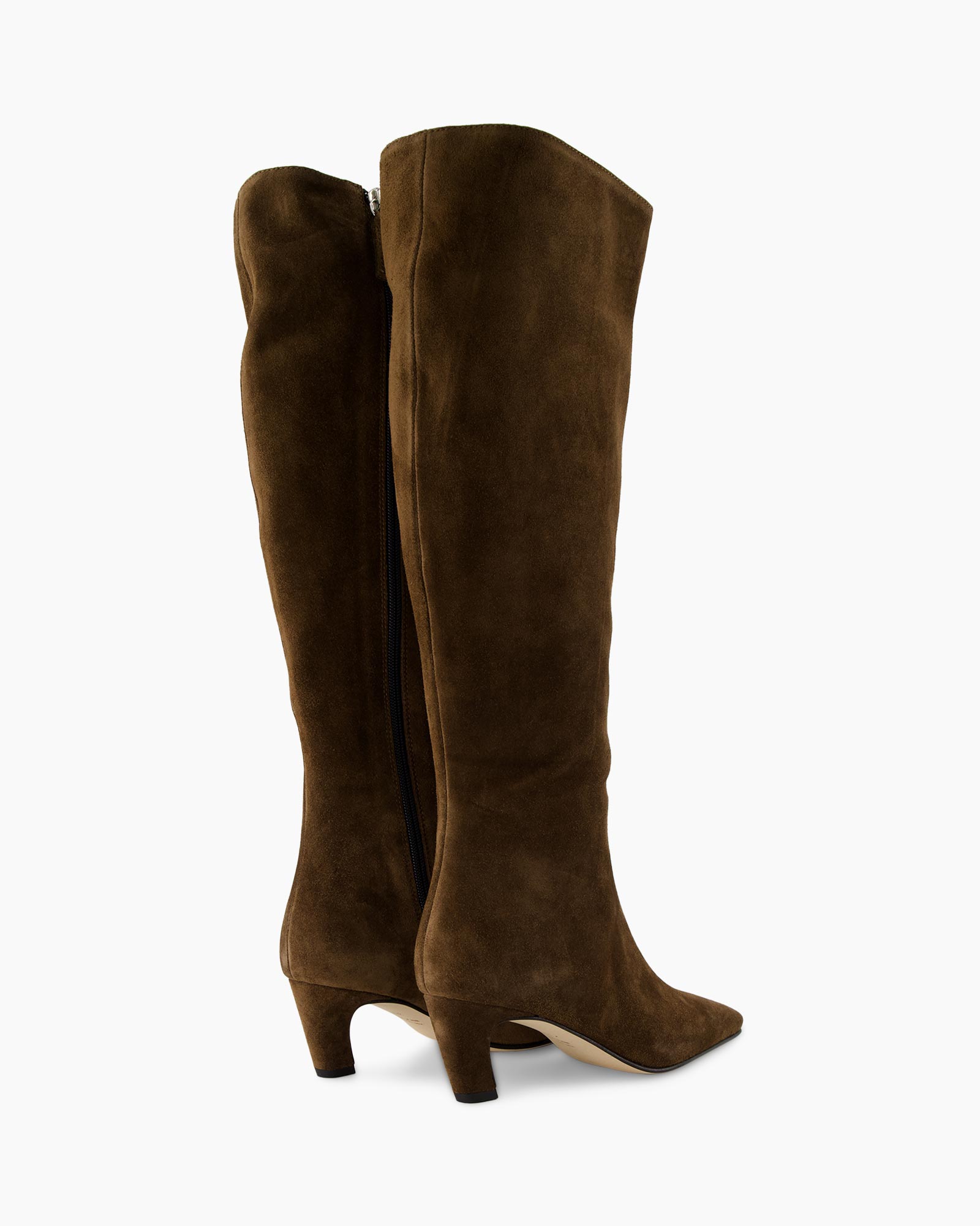 knee-high boots, brown suede, over-the-knee, zip closure, mid heel